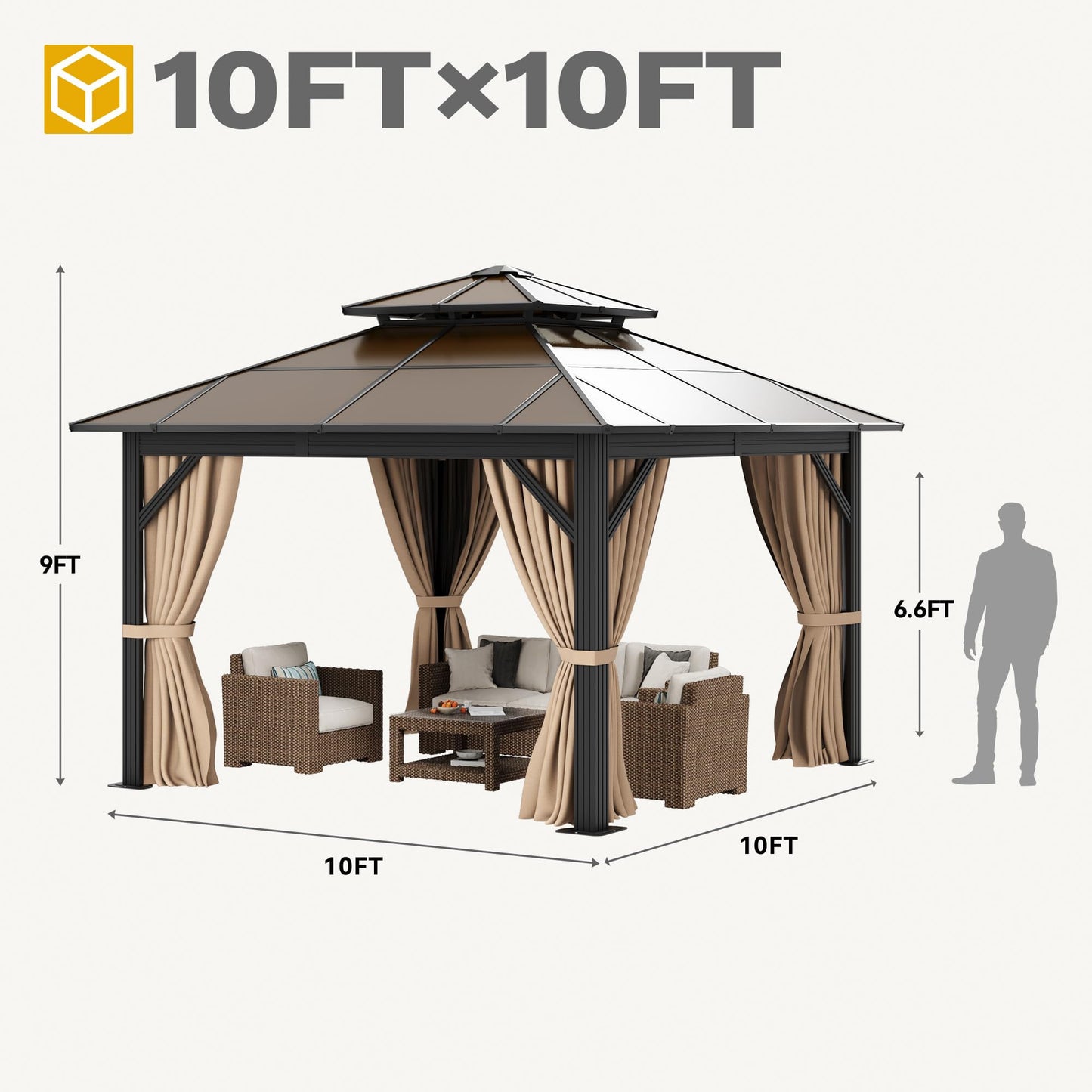 DWVO 10x10ft Gazebo Hardtop Double Roof Polycarbonate Canopy Outdoor with Netting and Shaded Curtains, Metal Frame Garden Tent for Patio, Backyard, Deck and Lawns, Brown