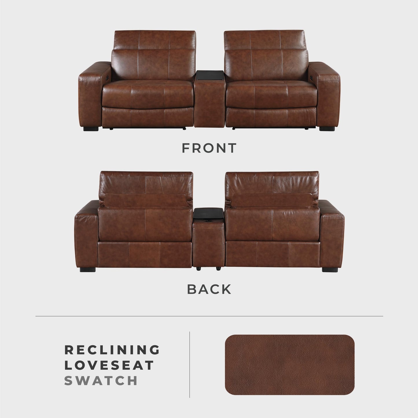 Lexicon Sectional Couches for Living Room-Modular Sectional Sofa, Power Double Reclining Loveseat with Center Console, Power Headrests, Charging Ports, Dual Cup Holders, Top Grain Leather Brown