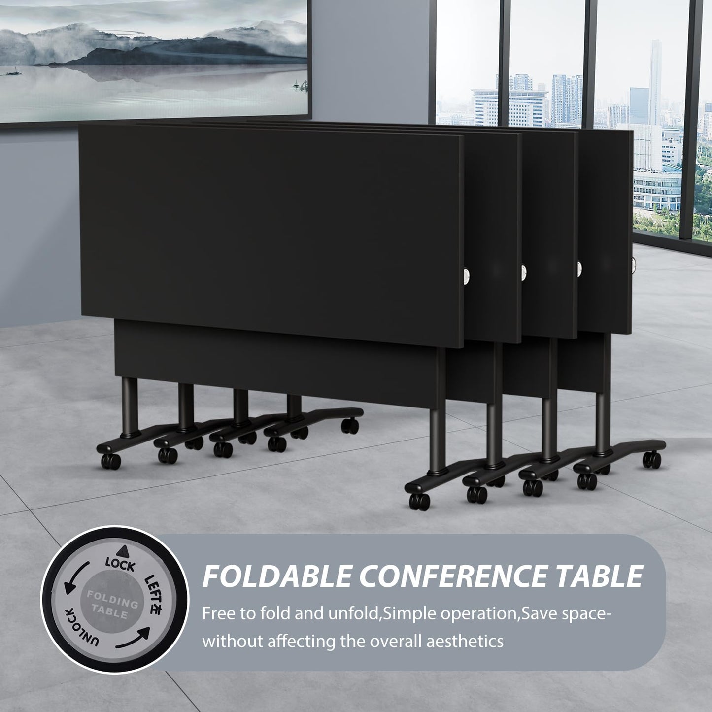 Conference Room Table with Wheels 6ft Folding Modular Large Black Conference Table Foldable Modern Rectangle Training Meeting Tables for Classroom Office(6, Black, D 55")