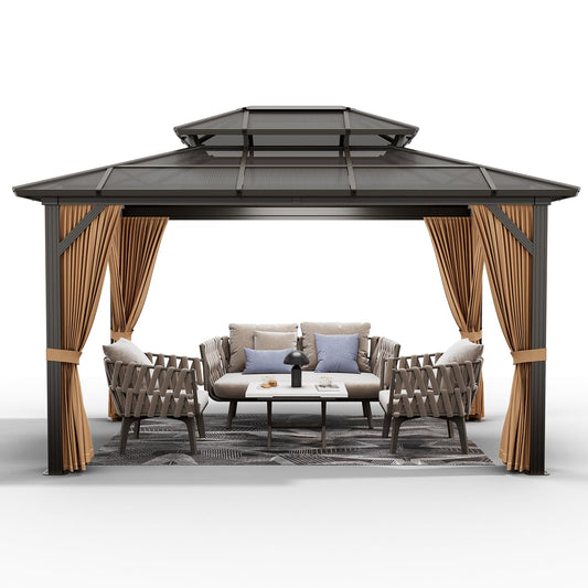GAOMON 10'x13' Hardtop Gazebo, Outdoor Polycarbonate Double Roof Canopy, Aluminum Frame Permanent Pavilion with Curtains and Netting, Sunshade for Garden, Patio, Lawns (10x13ft)
