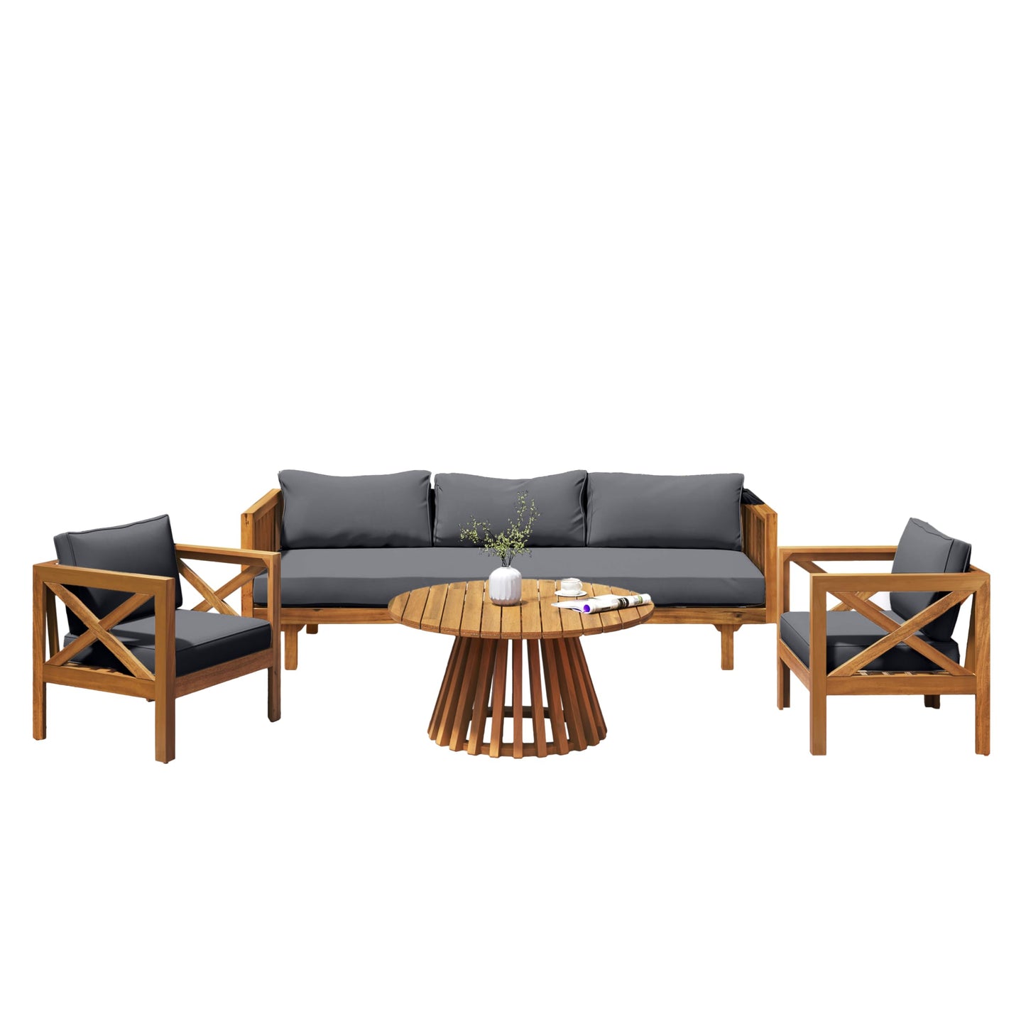 Merax Outdoor 4-Piece Acacia Wood Conversation Set - Patio 3-Seat Loveseat Sofa w/Coushion, 2 Armchair and Round Coffee Table for Backyard, Lawn, Balcony, Teak + Gray
