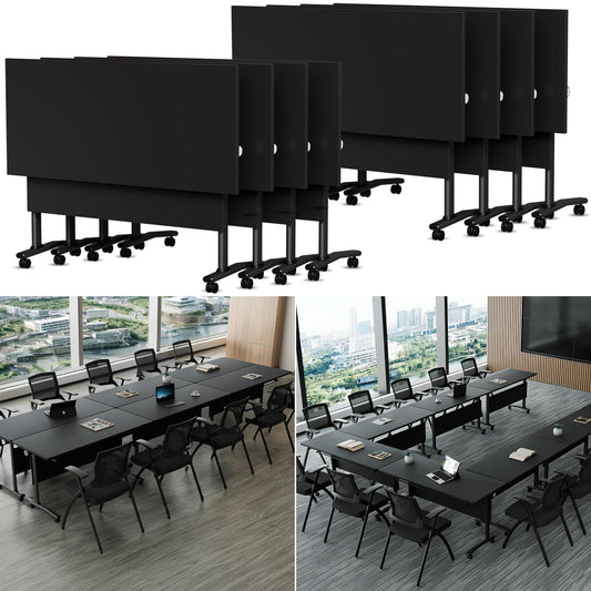 Conference Room Table with Wheels 6ft Folding Modular Large Black Conference Table Foldable Modern Rectangle Training Meeting Tables for Classroom Office(8, Black, D 55")