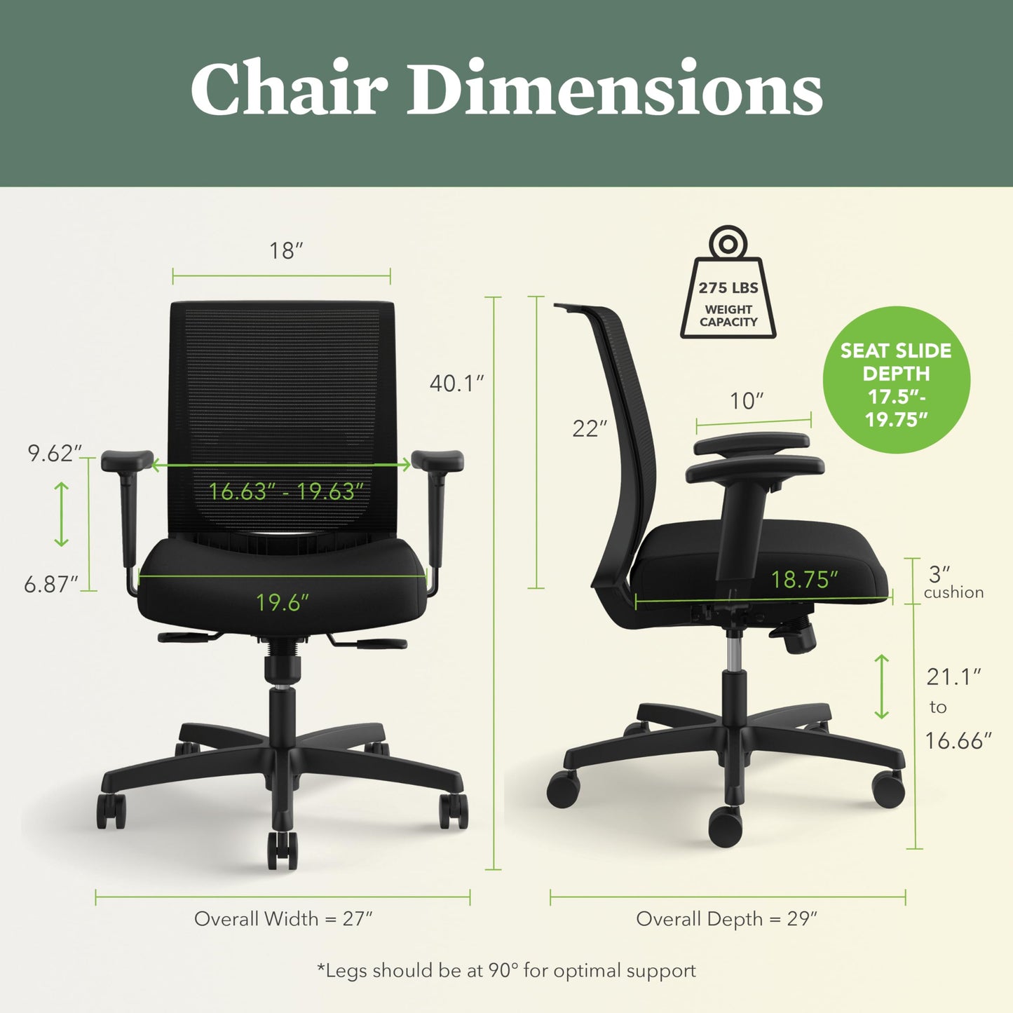 HON Convergence Ergonomic Office Chair with Mesh Back, Vinyl Seat Cushion, Adjustable Arms, Lumbar Support, Synchro‑Tilt Swivel Desk Chair with Wheels for Home Office, Black Frame, Black