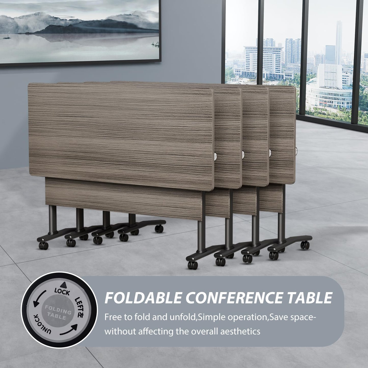 Folding Conference Room Table with Wheels, 6ft Modular Large Mobile Modern Conference Tables Office Meeting Training Table for Classroom(6, Gray, D 55")