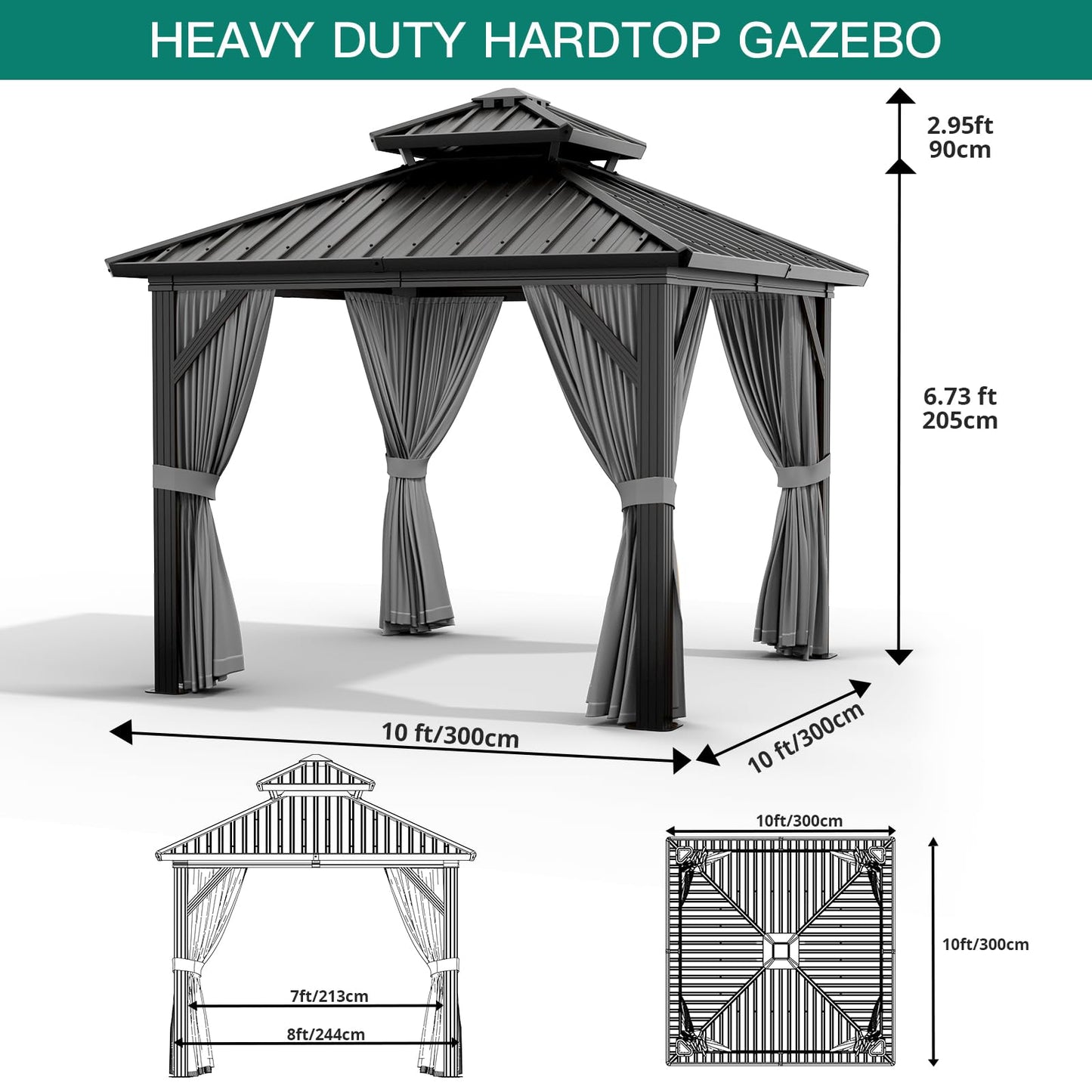 PeakPursuit 10'x10' Hardtop Gazebo, Heavy Duty Aluminum Permanent Hardtop Gazebo Outdoor Pavilion with Curtains and Netting for Garden