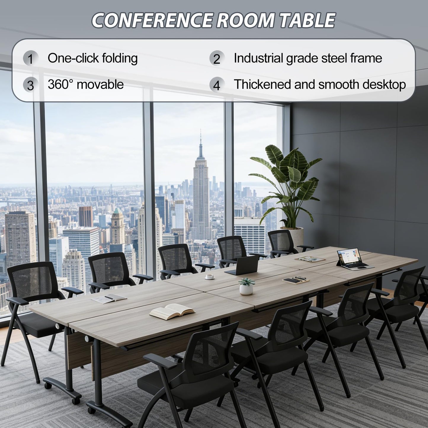 Folding Conference Room Table with Wheels, 6ft Modular Large Mobile Modern Conference Tables Office Meeting Training Table for Classroom(10, Gray, D 55")