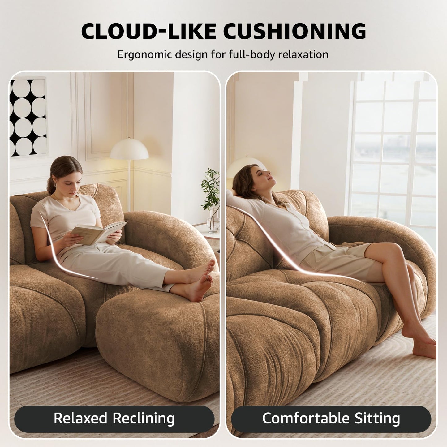 Camel L-Shaped Sectional Couches for Living Room, Velvet Fabric Boneless Couch, No Assembly Cloud Modular Sectional Sofa with 1 Ottoman, Foam Couch Compressed Sofa Set for Apartment, Sofas para Sala