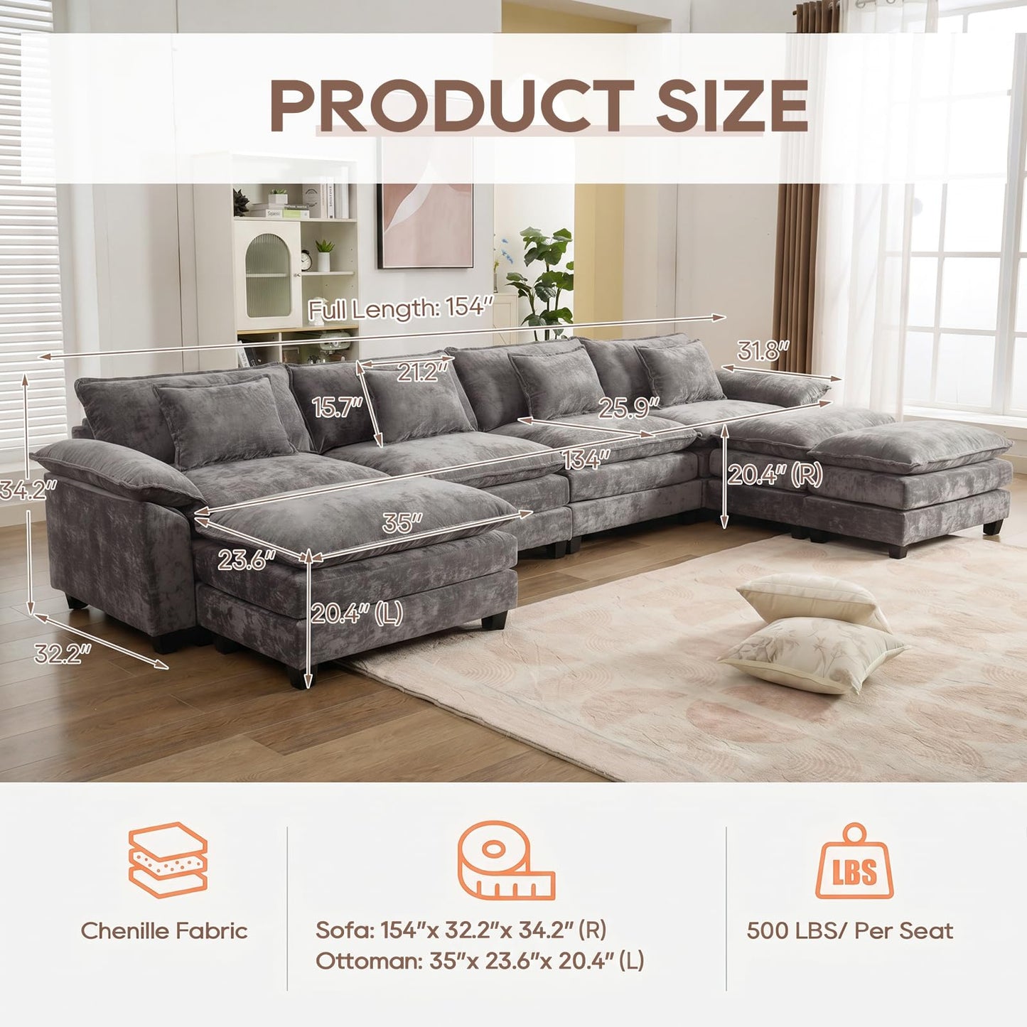 IPKIG 154" Modular Sectional Sofa, Chenille C-Shaped Sectional Couch Comfy Upholstered Seat Sofa with Ottoman, Deep Seat Cloud Couch Sofa for Living Room, Light Grey