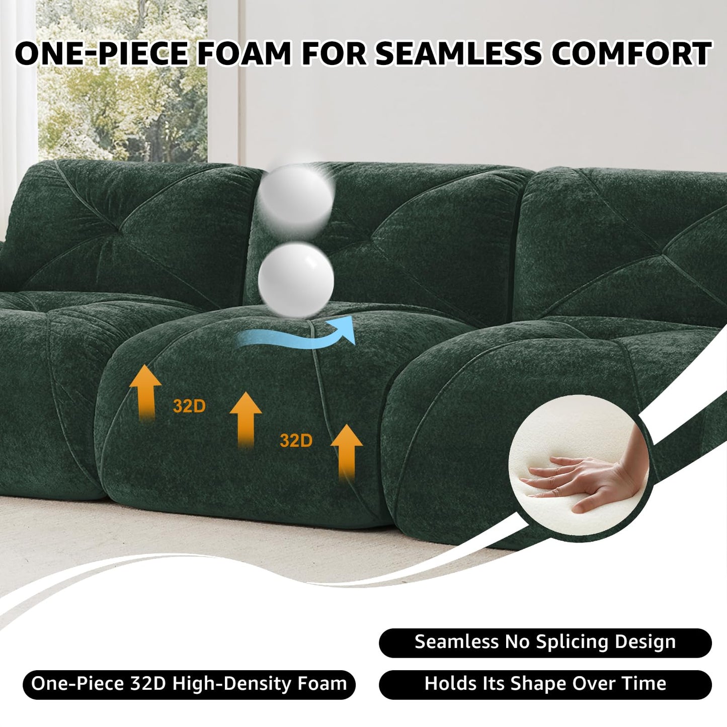 Green L-Shaped Sectional Couches for Living Room, Velvet Fabric Boneless Couch, No Assembly Cloud Modular Sectional Sofa with 1 Ottoman, Foam Couch Compressed Sofa Set for Apartment, Sofas para Sala
