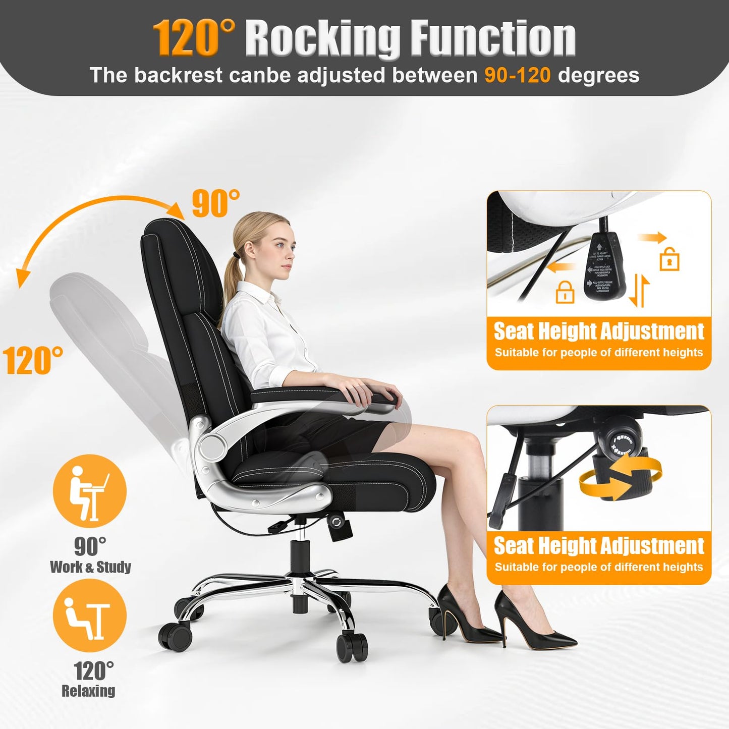 Ergonomic Leather Office Chair with Adjustable Lumbar Support, Flip-Up Armrests Desk Computer Chair, Swivel PC Chair with Rocking Function