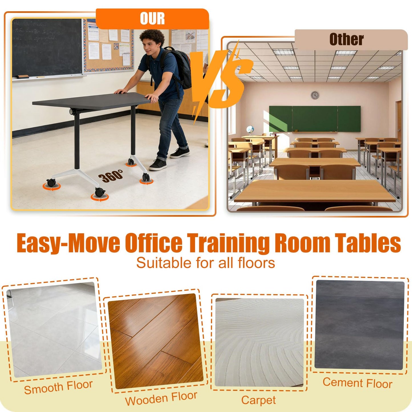 Modular Conference Table,Modern Flip Top Folding Meeting Room Table,47.2in Mobile Training Seminar Table with Wheels,4 Pack Stackable Rollling Conference Room Tables for Office,Classr,Support 550lbs