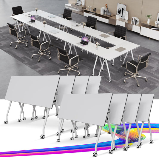 Conference Table with Wheels, Folding Conference Table with Knob & 4 Brake Casters, Modular Flip Top Mobile Conference Room Table for Office, Meeting, Training Room, Class (8, White, 55.1in)