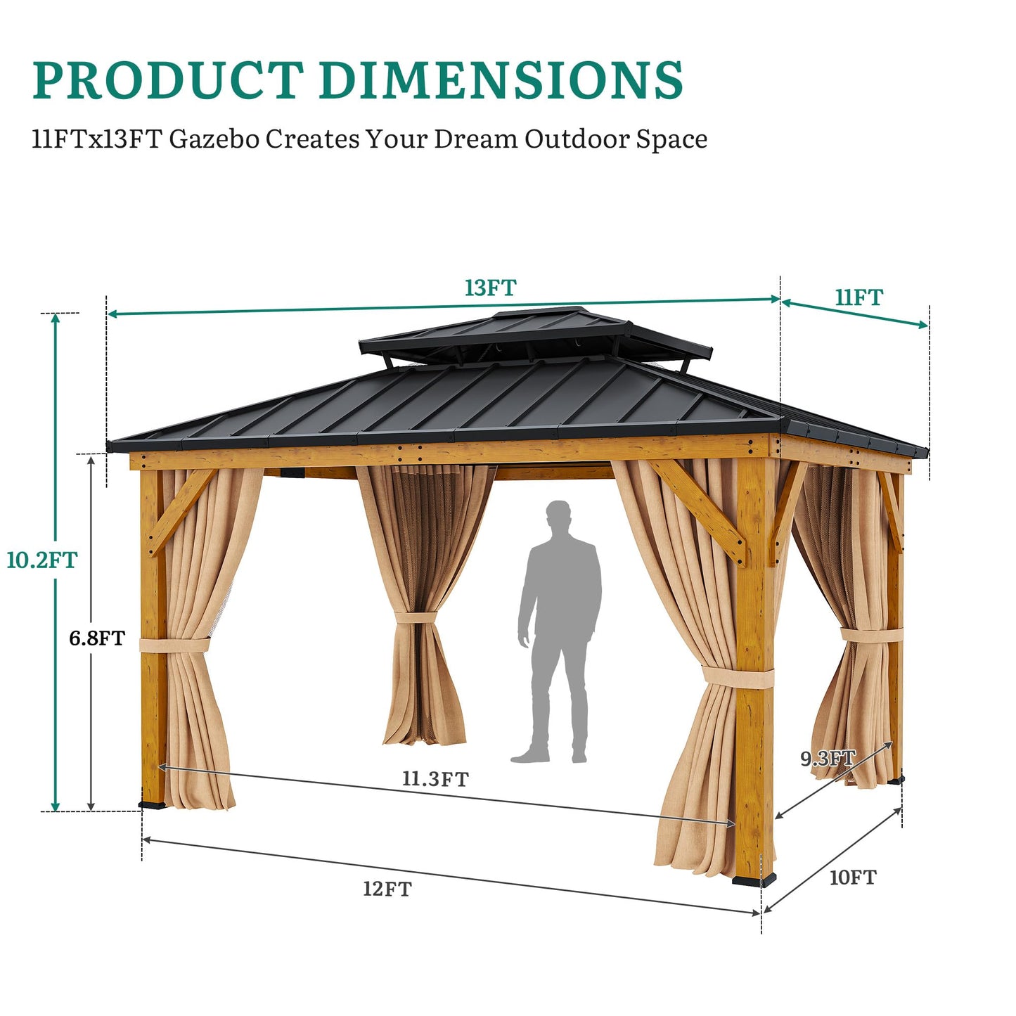 YITAHOME 11X13 Wood Gazebo Hardtop with Nettings and Curtains, Heavy Duty Double Roof Galvanized Steel Outdoor Wood Frame Roof for Patio, Backyard, Deck, Lawns