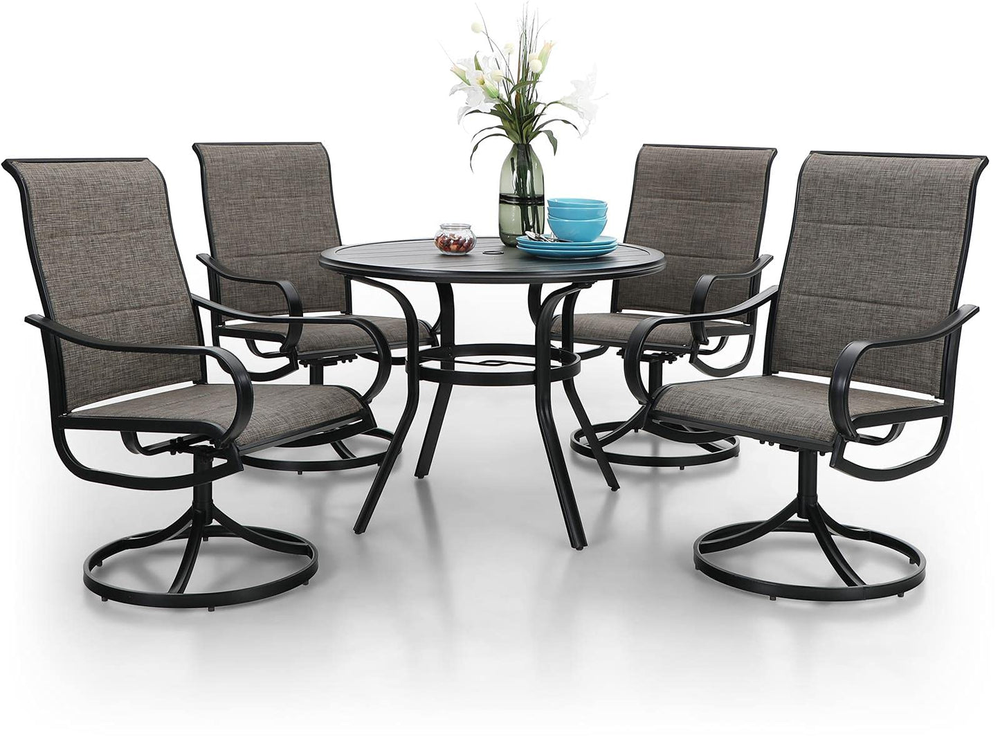 PHI VILLA Patio Dining Set 5 Piece, 4 Padded Textilene Swivel Patio Chairs and 1 Round Metal Table with 1.57" Umbrella Hole, All Weather Resistant for Lawn Garden