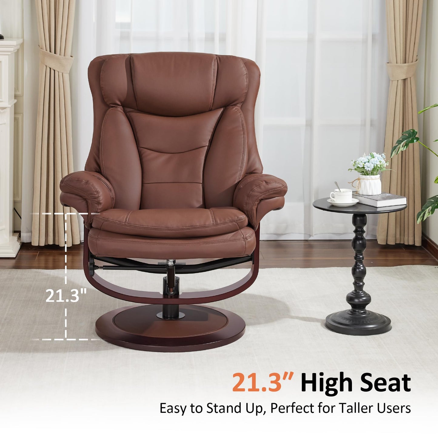 MCombo Oversized Swivel Recliner Chair with Ottoman, Adjustable Backrest, 360° Wood Base, High Seat, Faux Leather Lounge Chair for Tall Users in Living Room Office 4651 (Brown)