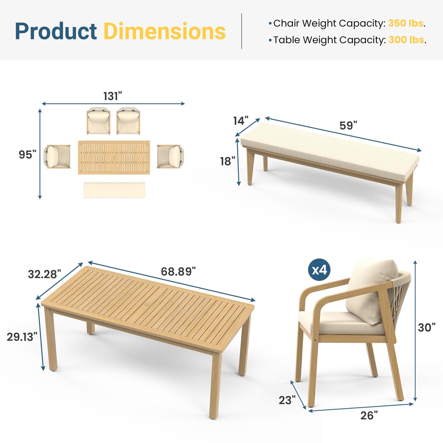 6-Piece Acacia Patio Table and Chairs Set with 23" Extra Wide Chair and Removable Cushion，Outdoor Dining Sets for 6, All-Weather Solid Wood Outdoor Patio Furniture Set for Garden Lawn, Beige