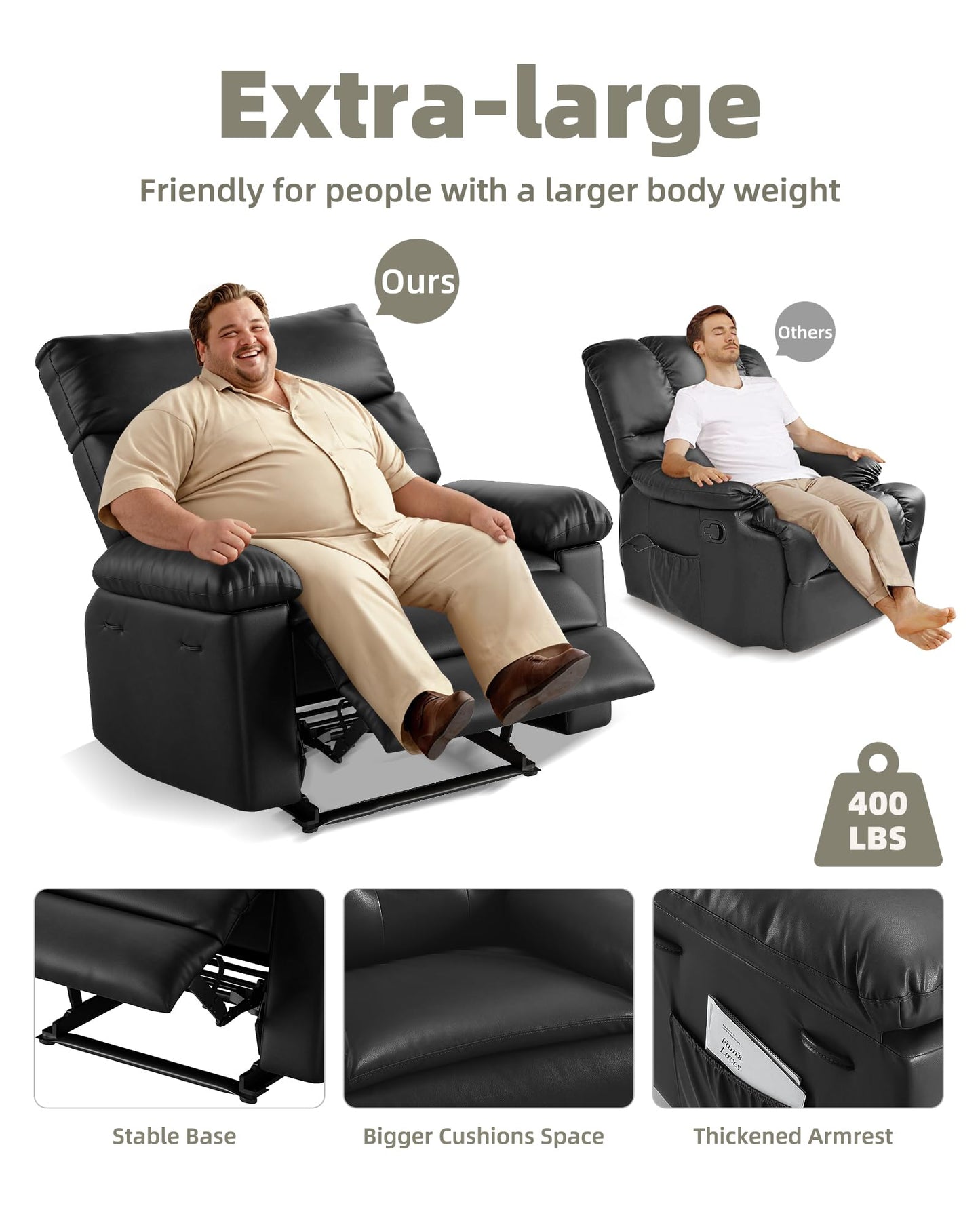 Garvee Oversized Recliner Chair - PU Leather Manual Recliner for Adults, Comfy Reclining Chair with Overstuffed Arms and Back, Side Pocket, Single Sofa for Living Room, Bedroom