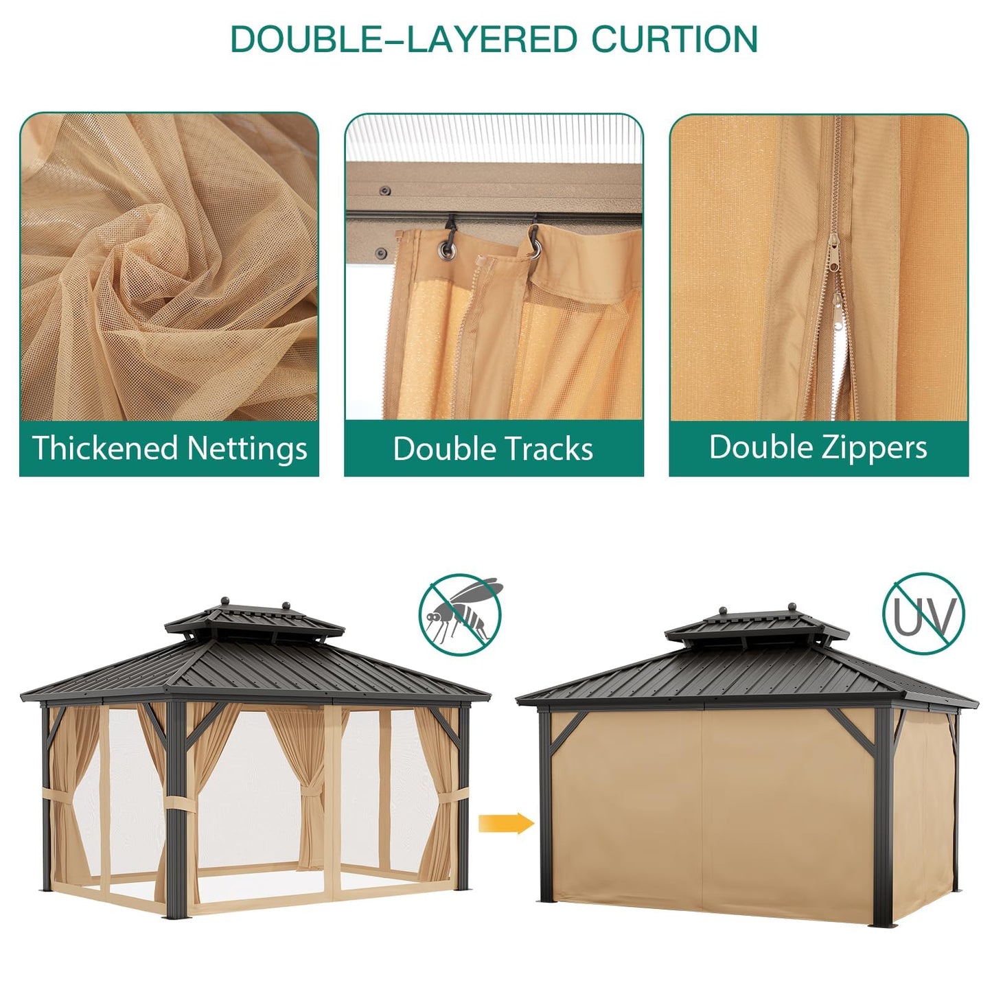 10' x 10' Hardtop Gazebo, Galvanized Steel Double Roof with Curtains & Netting – Sturdy Aluminum Frame Outdoor Patio Gazebo for Garden, Lawn, Deck and Backyard