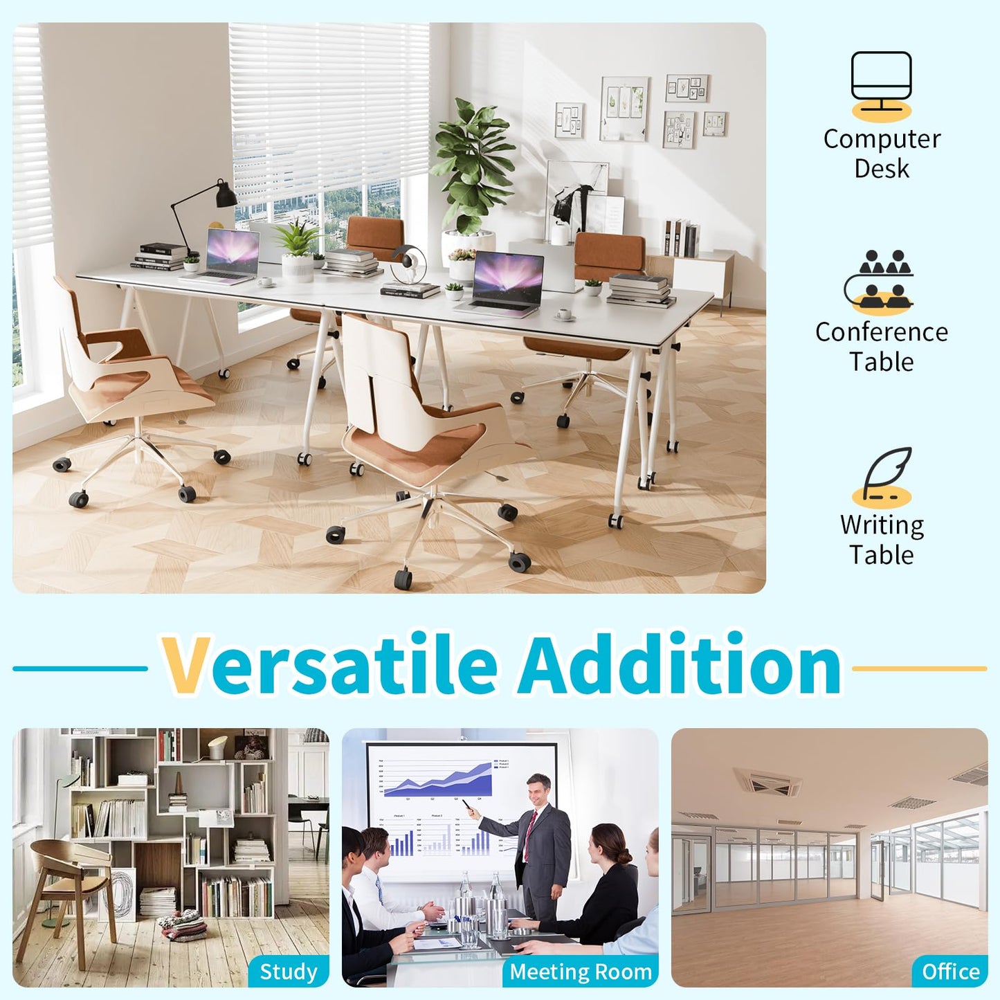 Conference Table with Wheels, Folding Conference Table with Knob & 4 Brake Casters, Modular Flip Top Mobile Conference Room Table for Office, Meeting, Training Room, Class (6, White, 55.1in)