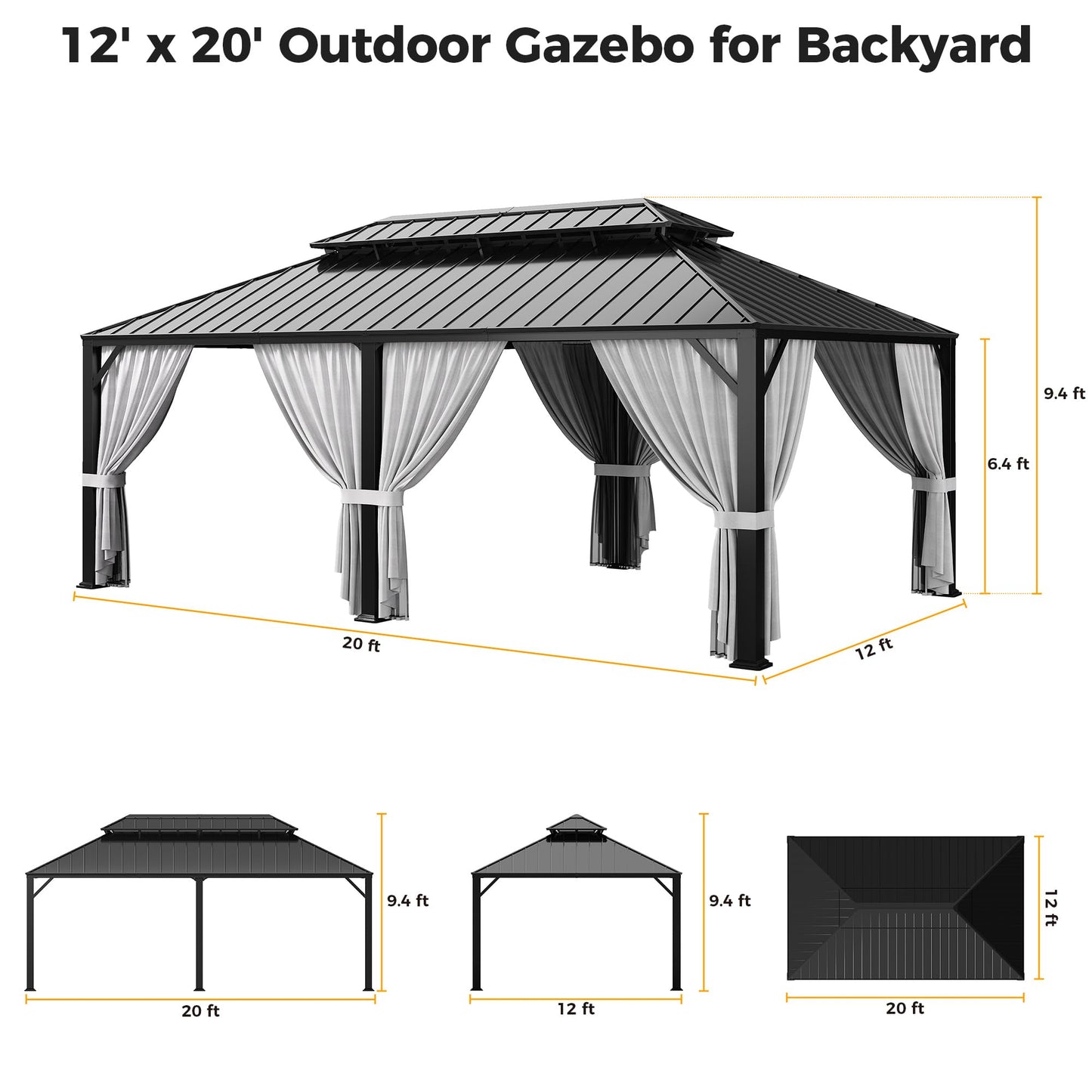 IRONCK 20'x12' Hardtop Gazebo, Update Aluminum Frame Gazebo with Galvanized Steel Double Roof, Outdoor Pergola with Curtain and Net, Backyard Canopy for Garden, Deck, Gray and Black