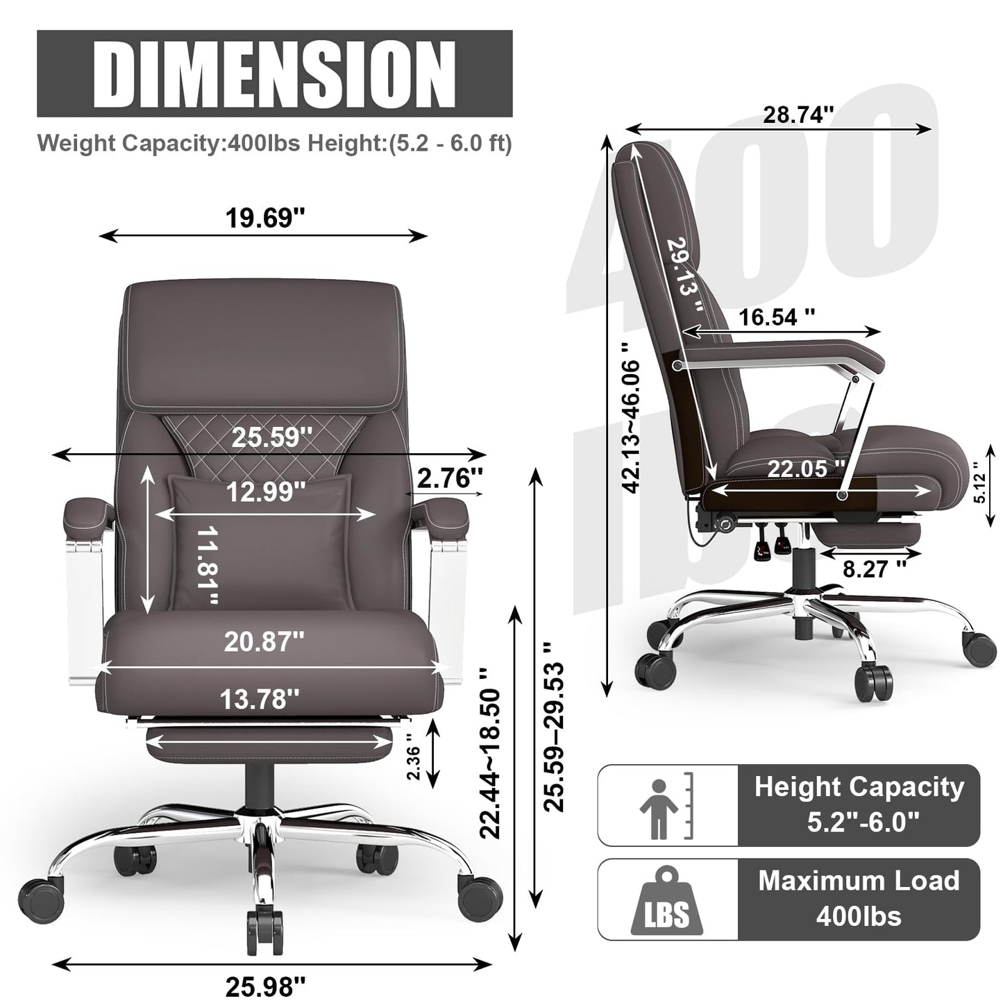 Ergonomic Leather Office Chair with Adjustable Lumbar Support, Flip-Up Armrests Desk Computer Chair, Swivel PC Chair with Rocking Function