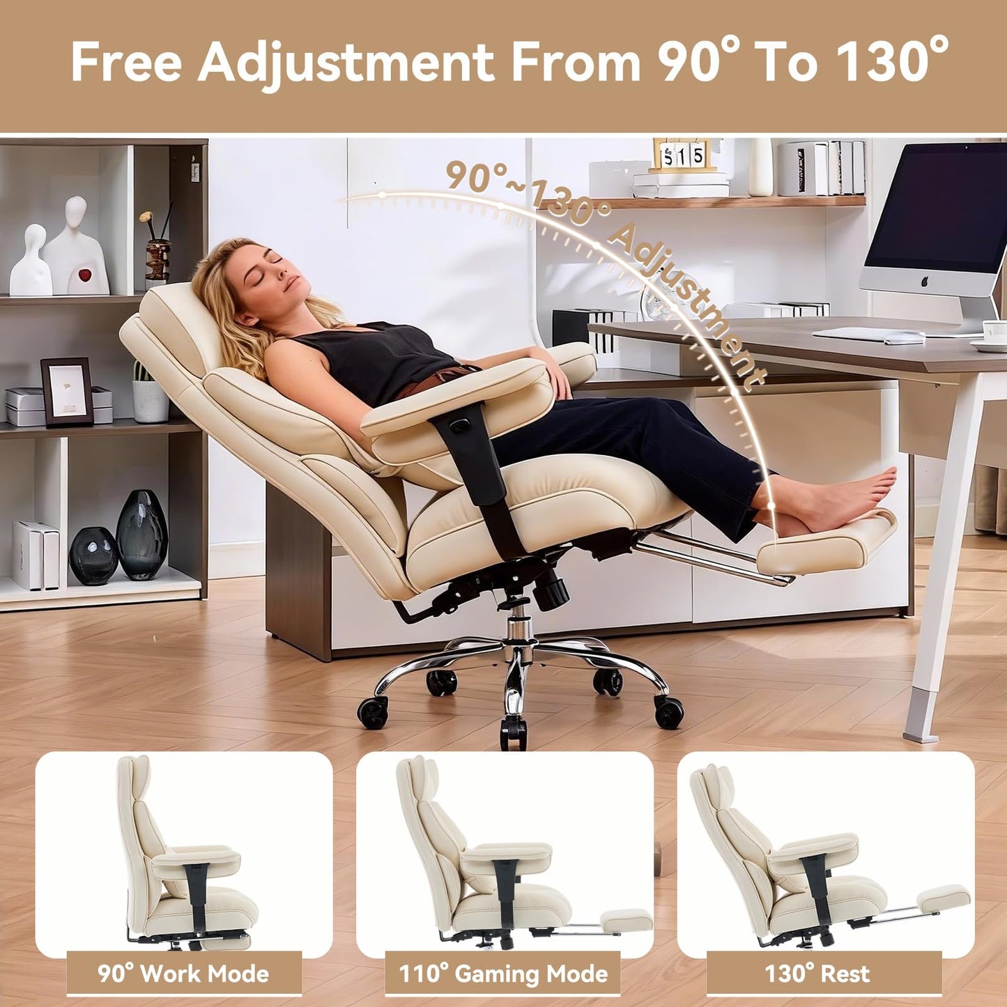 Efomao Big and Tall Office Chair with Footrest - Breathable Mesh Executive Chair, Heavy Duty Computer Desk Chair for Home Office, Ergonomic Lumbar Support & Reclining Mesh Gaming Chair, Beige