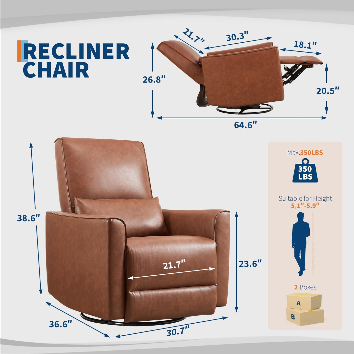 IDEALHOUSE Swivel Rocking Nursery Recliner Chair Rocker Recliner Glider Deep Seat PU Leather Sofa Chair with high Backrest for Nursery, Living Room, Bedroom & Home Movie Theater (Chocolate)