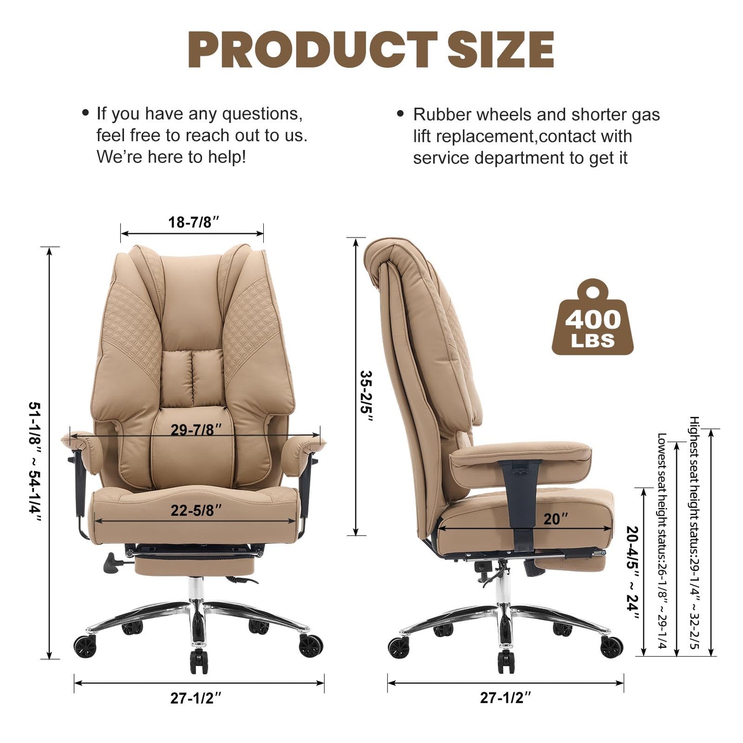 EXCEBET Big and Tall Office Chair 400lbs Wide Seat, Leather High Back Executive Office Chair with Foot Rest, Ergonomic Chairs Lumbar Support for Lower Back Pain Relief, All-Day Comfort (Brown)