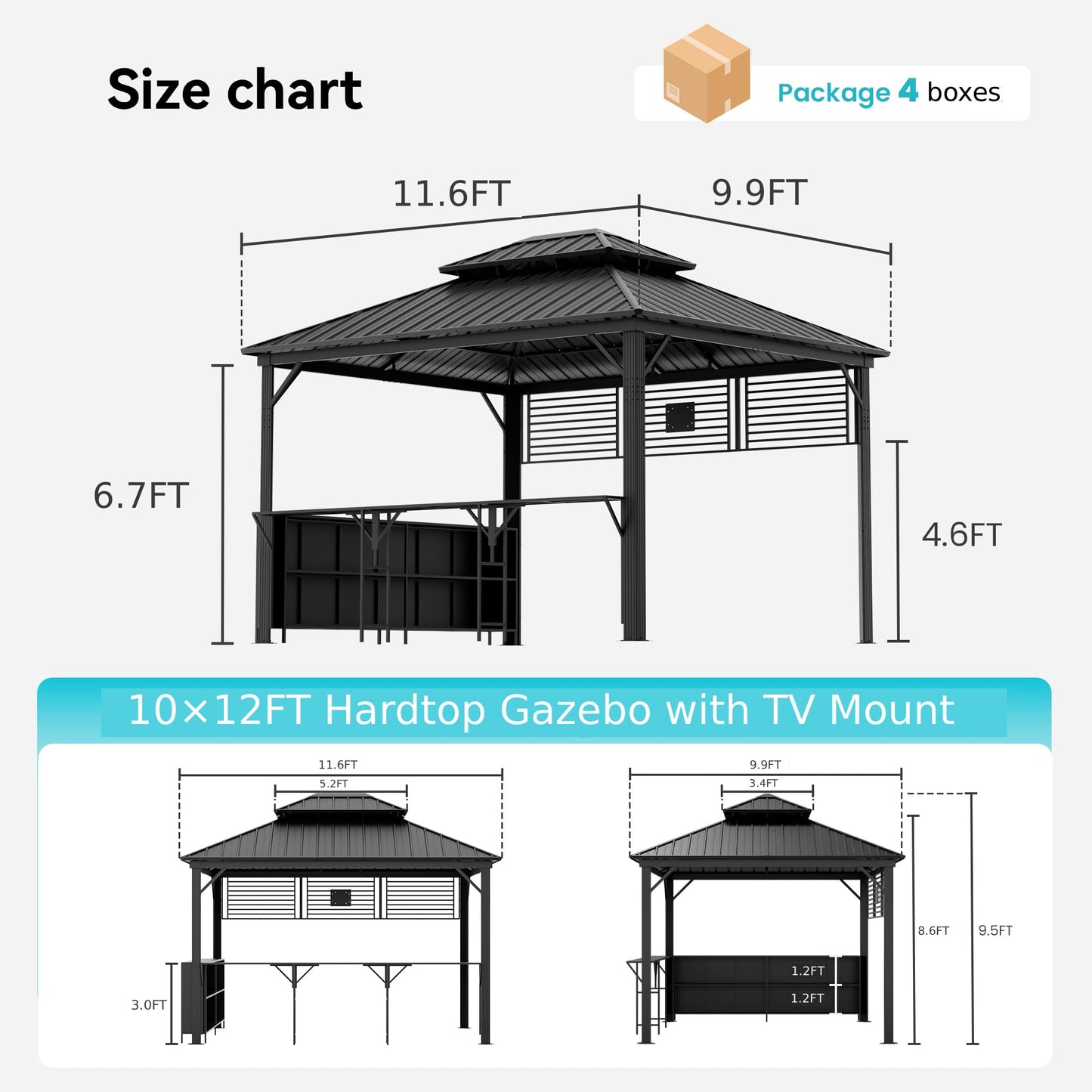 COSIEST 12x10 FT Hardtop Gazebo with Bar Counter, Heavy Duty Aluminum BBQ Grill Gazebo, Galvanized Steel Double Roof Permanent Outdoor Shelter, 15 PSF Snow Load, Black