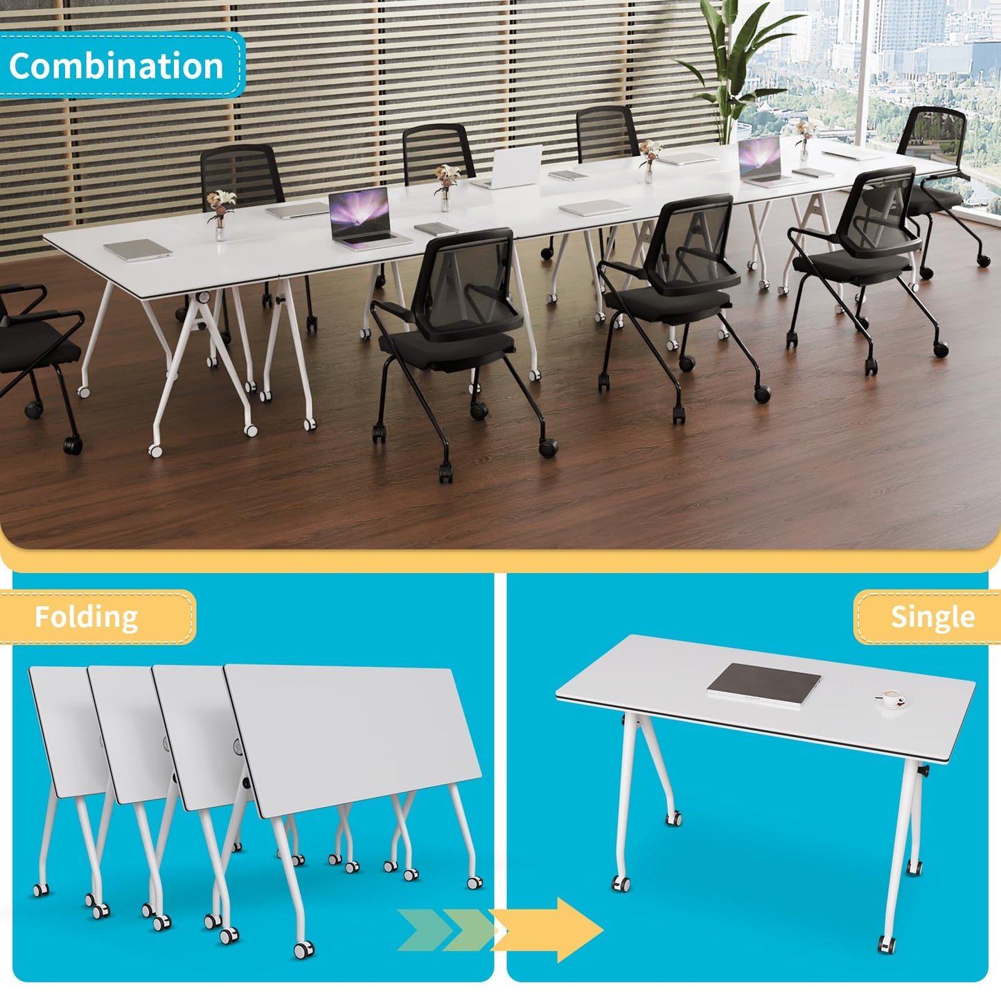 Conference Table with Wheels, Folding Conference Table with Knob & 4 Brake Casters, Modular Flip Top Mobile Conference Room Table for Office, Meeting, Training Room, Class (8, White, 55.1in)