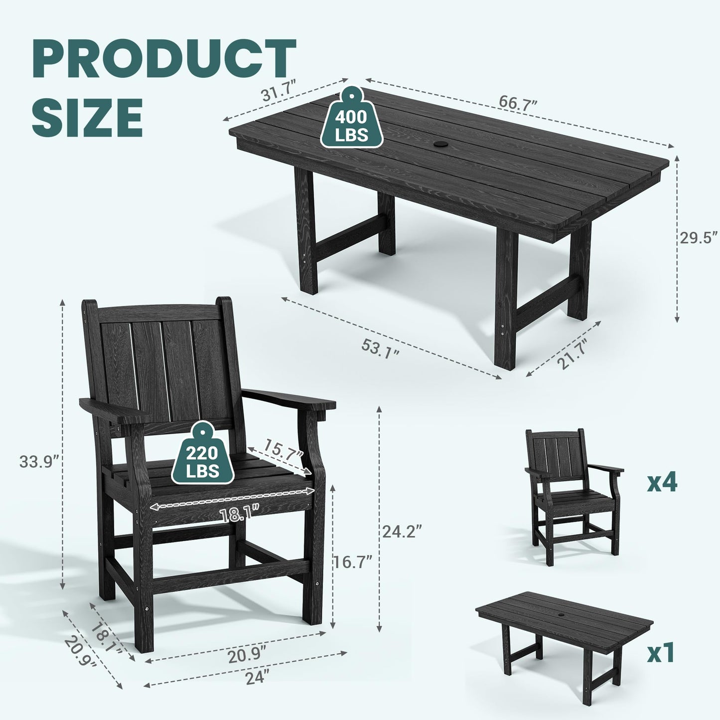 Pamapic 5-Piece Outdoor Dining Set, HDPE Outdoor Rectangular Table and 4 Chairs, Wood Grain Patio Furniture Sets with Armrest, All-Weather Patio Dining Table with Umbrella Hole, Black