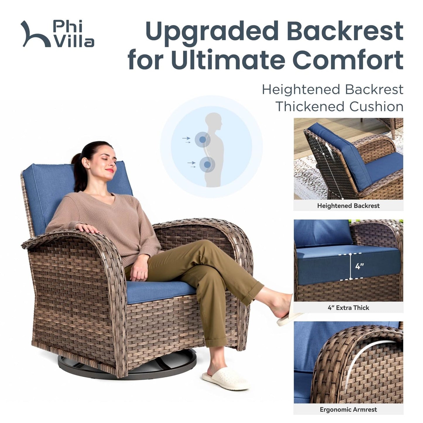 PHI VILLA Patio Furniture Set, 6 Pieces Wicker Outdoor Conversation Set with 2 High Back Patio Swivel Chairs, 3-Seat Rattan Patio Sofa Couch, 2 Muti-Functional Ottomans (Navy Blue Cushions)