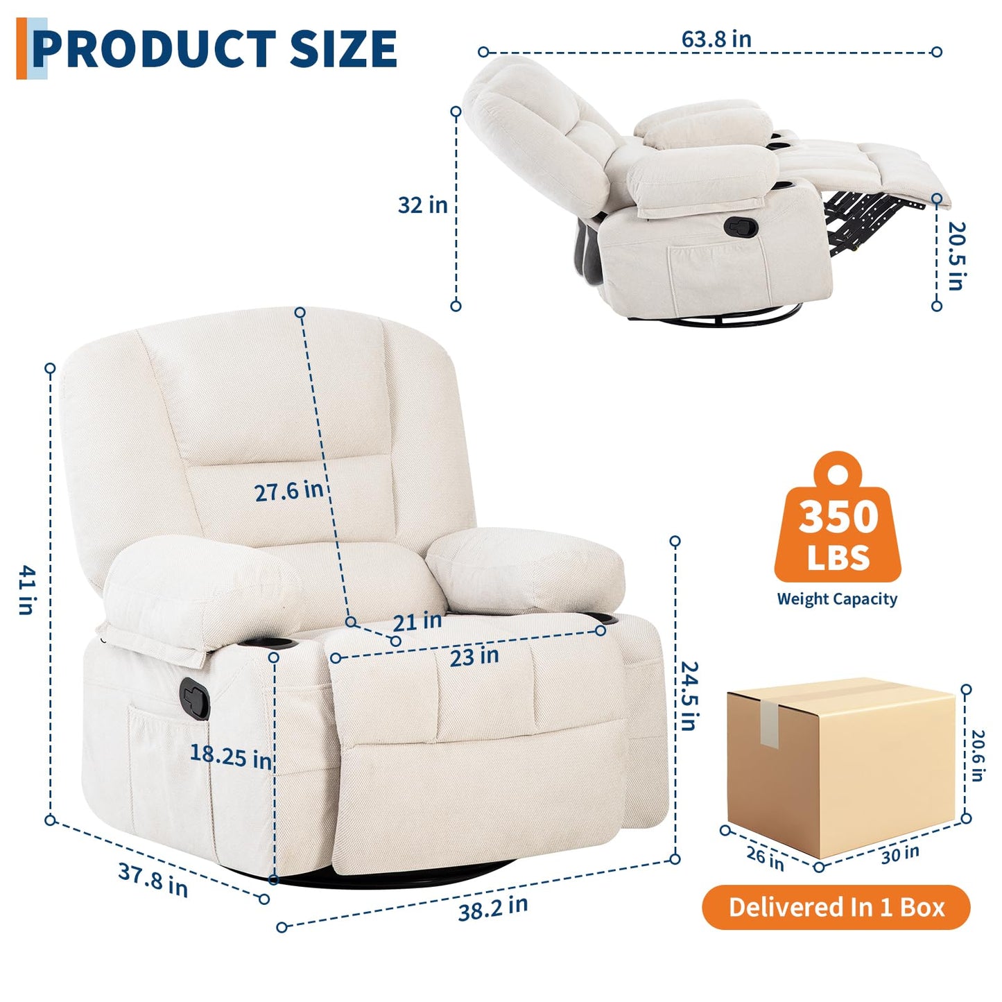 GarveeHome Oversized Wide Recliner Chair-Heat and Vibration Massage, 360° Swivel Rocker Chair for Adults,Chenille Fabric Manual Recliner with Cup Holders & Side Pocket for Living Room, Bedroom,White