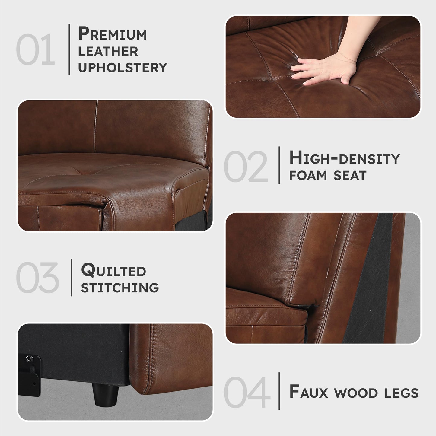 Lexicon 100% Leather Modular Sectional Couches for Living Room, Module for Sectional Couch, Leather Upholstered Corner Seat, Durable Frame, High Density Foam Cushion, Brown