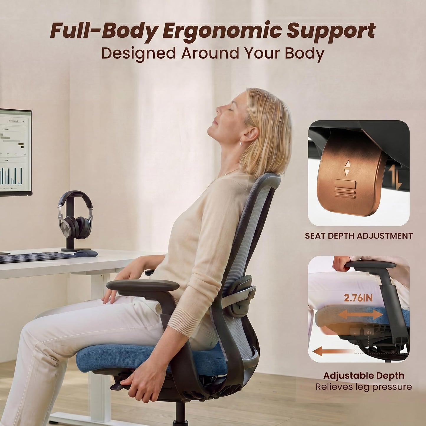 COLAMY Office Chair for Long Hours, Easy Wire-Control Desk Chair with Sliding Seat Depth & Thick Padded Lumbar Support, Heavy Duty 300 LBS High Back Mesh Computer Chair for Home Workstation,Blue