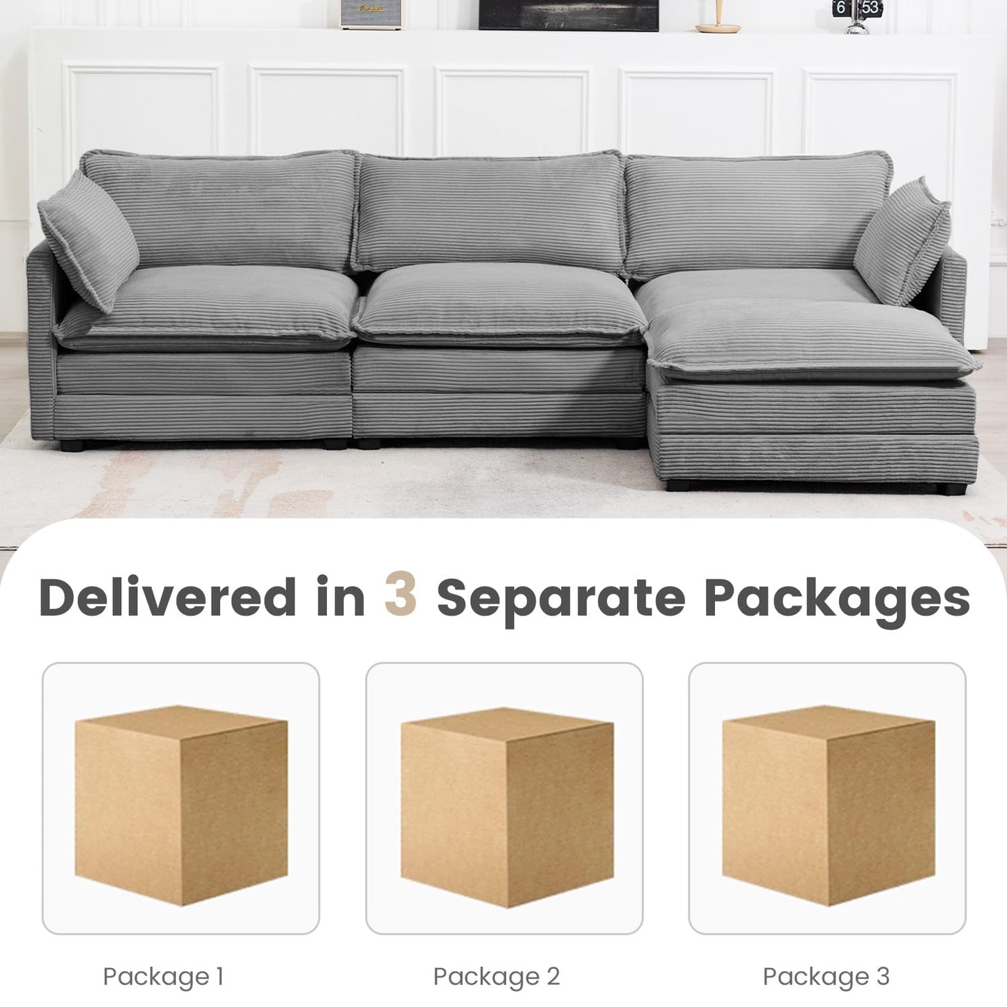 ROWHY 112'' Modular Sectional Cloud Couch with Movable Ottoman, 4 Seat Modern Corduroy Sofa with 2 Throw Pillows, Comfy Deep Seat L Shaped Couches for Living Room Bedroom Apartment, Dark Grey