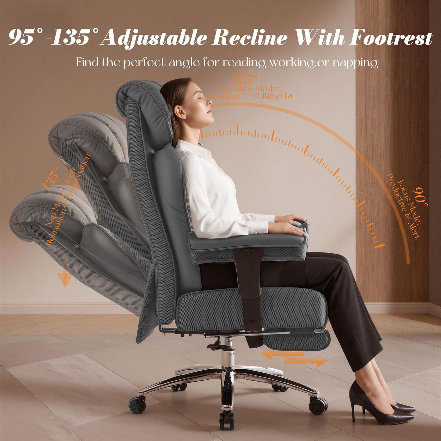 Efomao Big and Tall Office Chair 400lbs, Executive High Back Office Chair with 24" Extra Wide 6.1" Spring Cushion and Footrest, Reclining Heavy Duty Desk Chair for Home Office, Grey