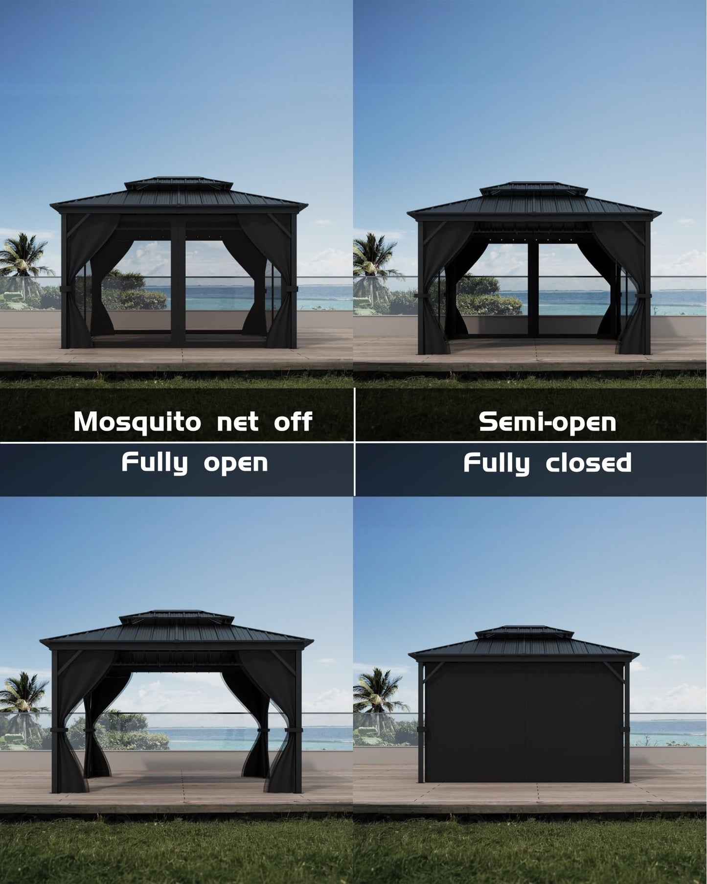 8'X8' Hardtop Gazebo, Outdoor Double Roof Galvanized Steel Gazebo, Aluminum Heavy-Duty Steel Top Canopy with Mosquito Net & Privacy Curtain for Patio, Porch, Garden, Lawn, Deck, Backyard,Gray