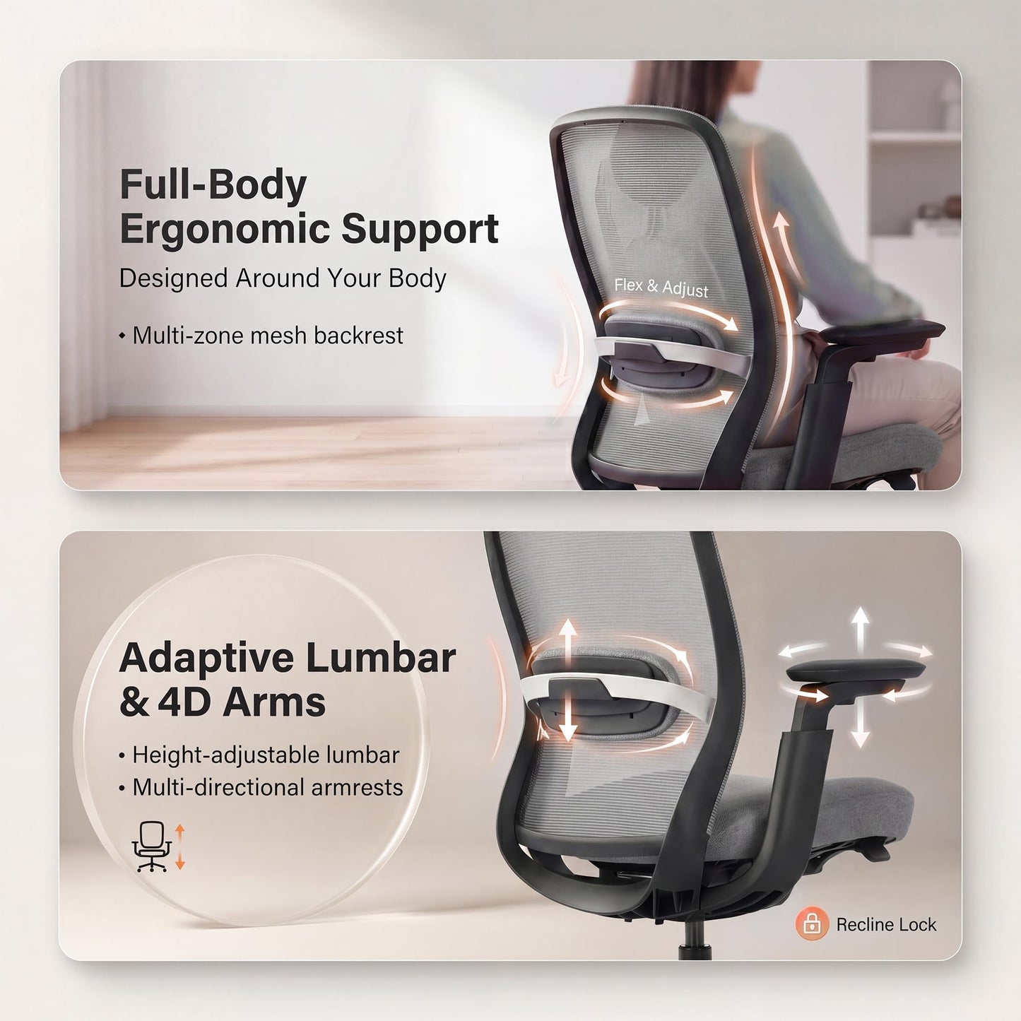 COLAMY Aether Executive Office Chair for Long Hours, One-Touch Easy Adjust Managerial Desk Chair with Levitating Seat Cushion & Pilot-Level Sync Armrests, 300 LBS Mid Back Mesh Computer Chair,Grey