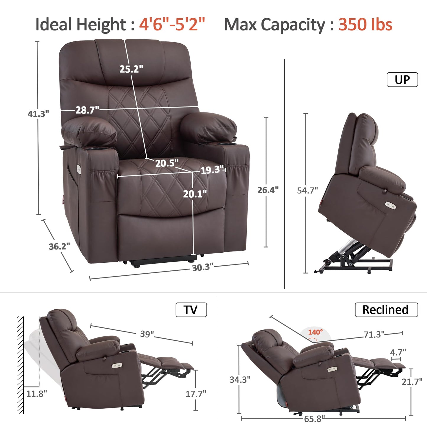 MCombo Small Power Lift Recliner Chair Sofa with Massage and Dual Heating, Adjustable Headrest for Elderly People Petite, USB Ports, 7111 (Single Motor, Dark Coffee)