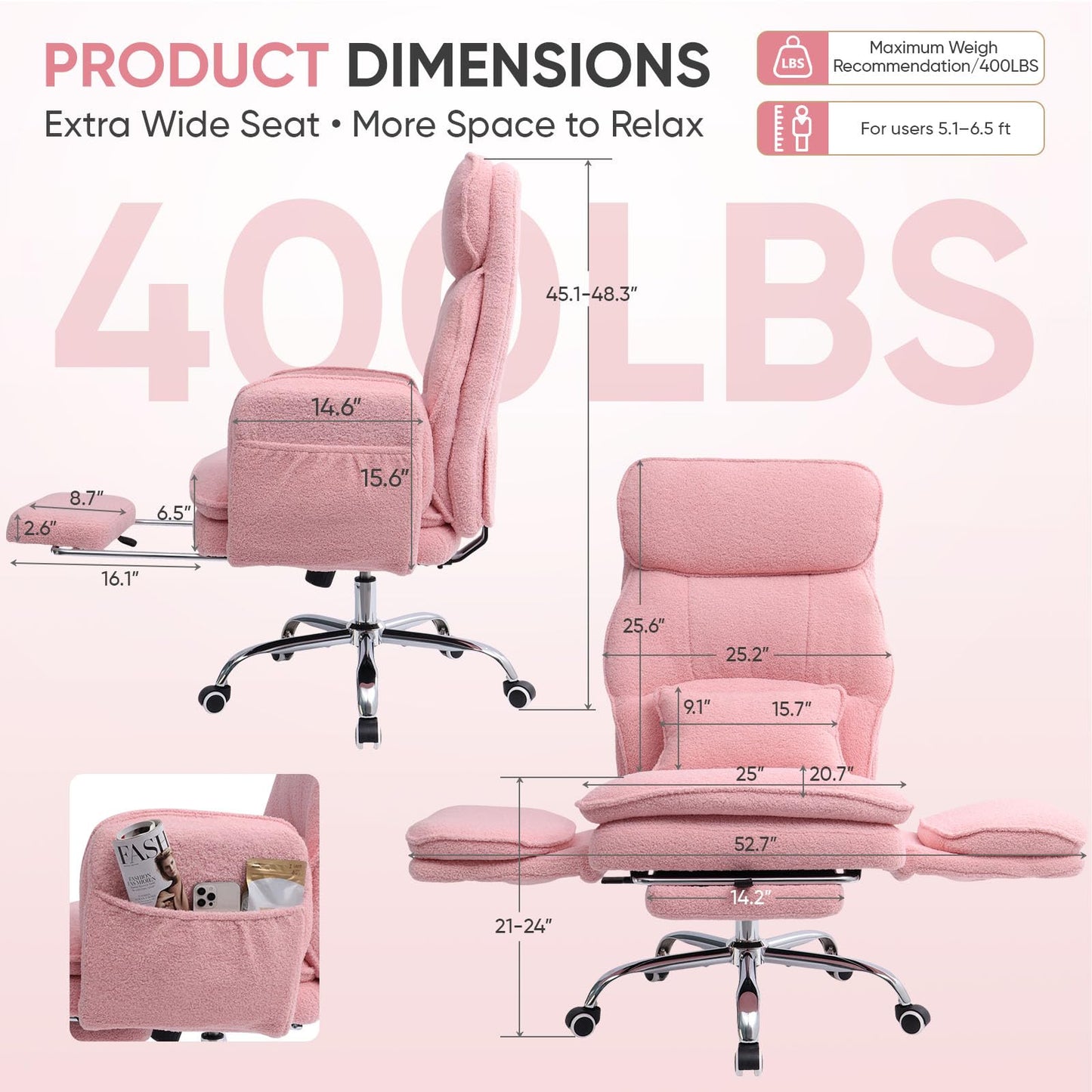EGSEAT Big and Tall Office Chair with Flip Armrests, Cross Legged Office Chair with Storage Pockets, Comfortable Reclining Computer Chair with Foot Rest, Wide Home Desk Chair, Teddy Fleece, Pink