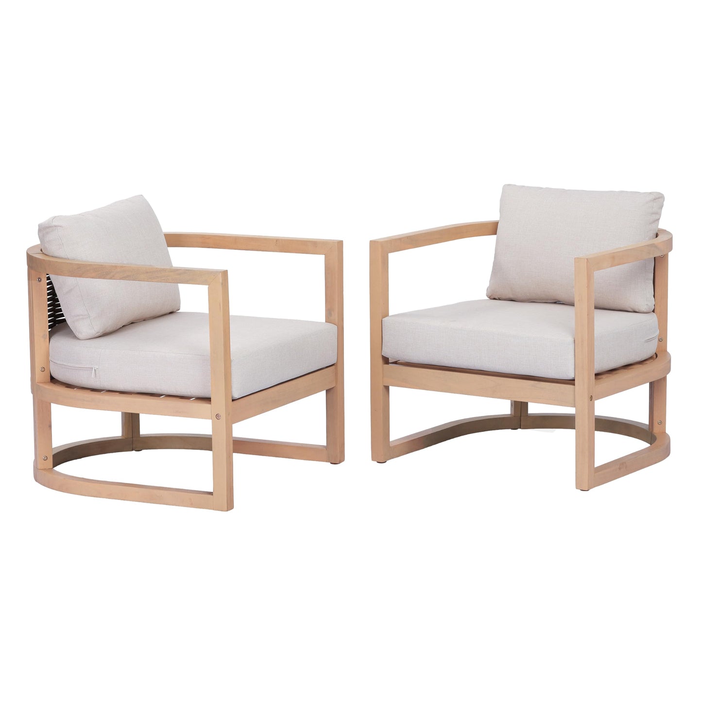 Merax Outdoor Acacia Wood Club Armchair wtih Coushions Set of 2, Patio Sofa Chair with Rattan-Woven Back, Sturdy Base for Porch, Lawn, Backyard, Balcony, Light Teak
