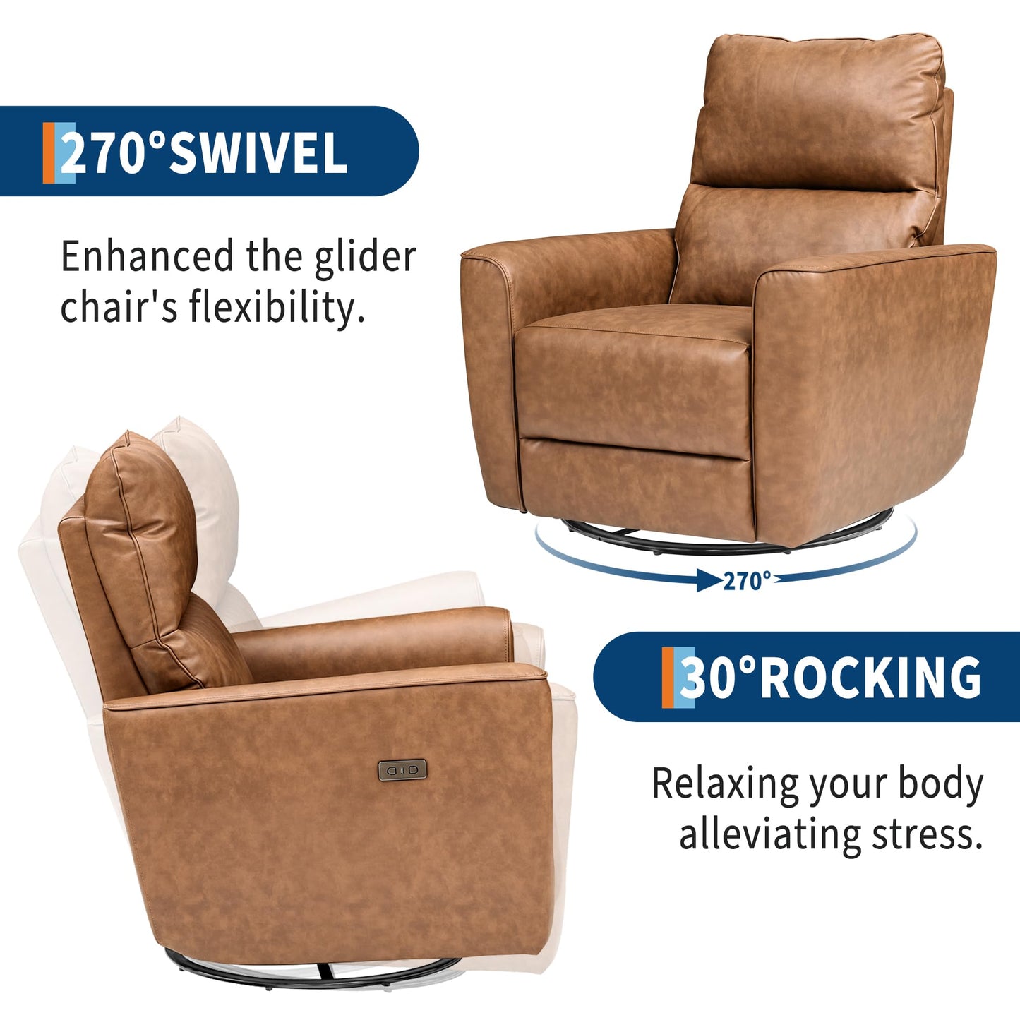 IDEALHOUSE Swivel Rocking Nursery Recliner Chair Rocker Recliner Glider Deep Seat PU Leather Sofa Chair with high Backrest for Nursery, Living Room, Bedroom & Home Movie Theater (Camel)