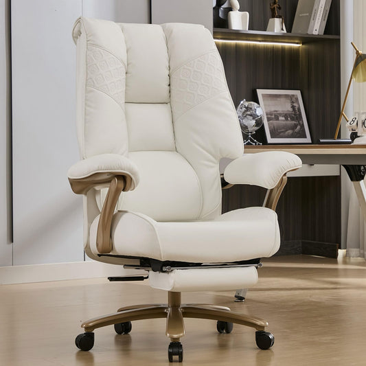 EXCEBET Big and Tall Executive Office Chair with Footrest, 400LBS Capacity Ergonomic High-Back Desk Office Chair with Lumbar Support, Padded Armrests & Thick Cushion, White PU Leather Chairs