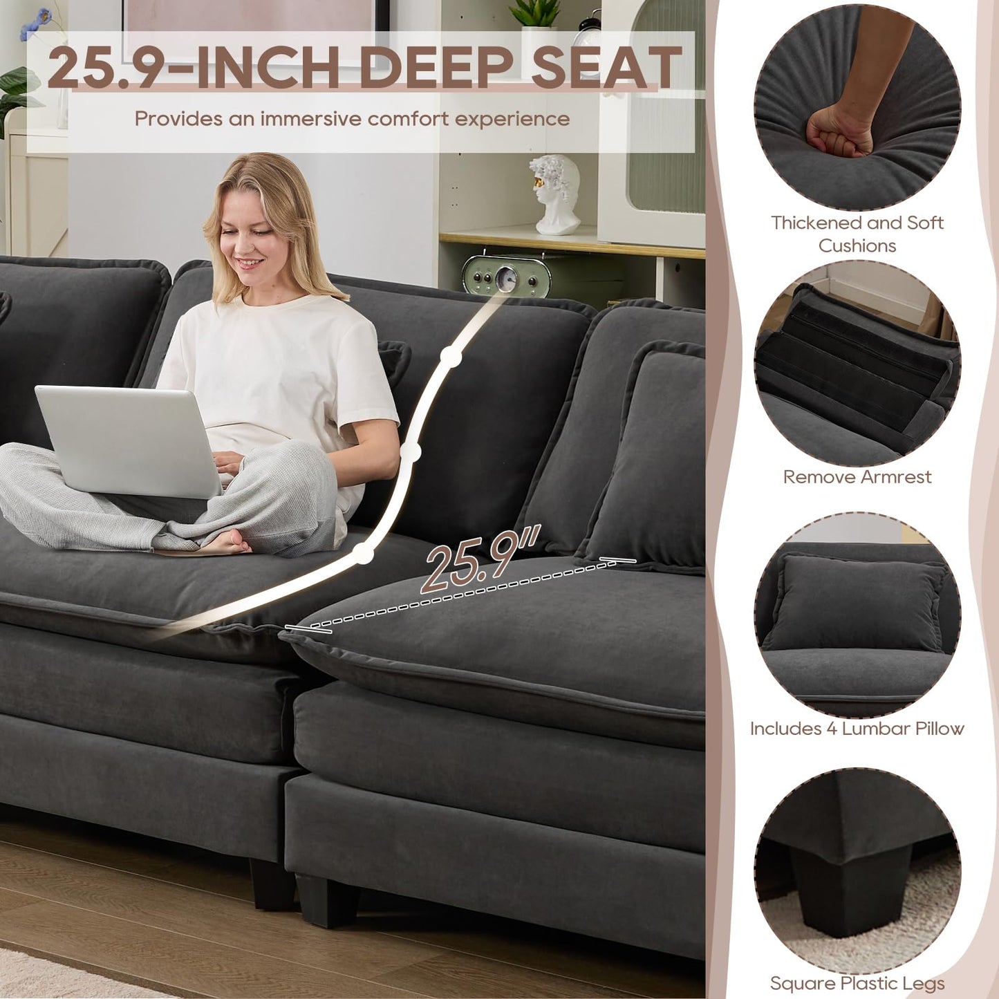 IPKIG 117" Modular Sectional Sofa, Velvet U-Shaped Sectional Couch Comfy Upholstered 3-Seat Sofa with 2 Ottoman, 3 Lumbar Pillow, Deep Seat Cloud Couch Sofa for Living Room, Dark Grey
