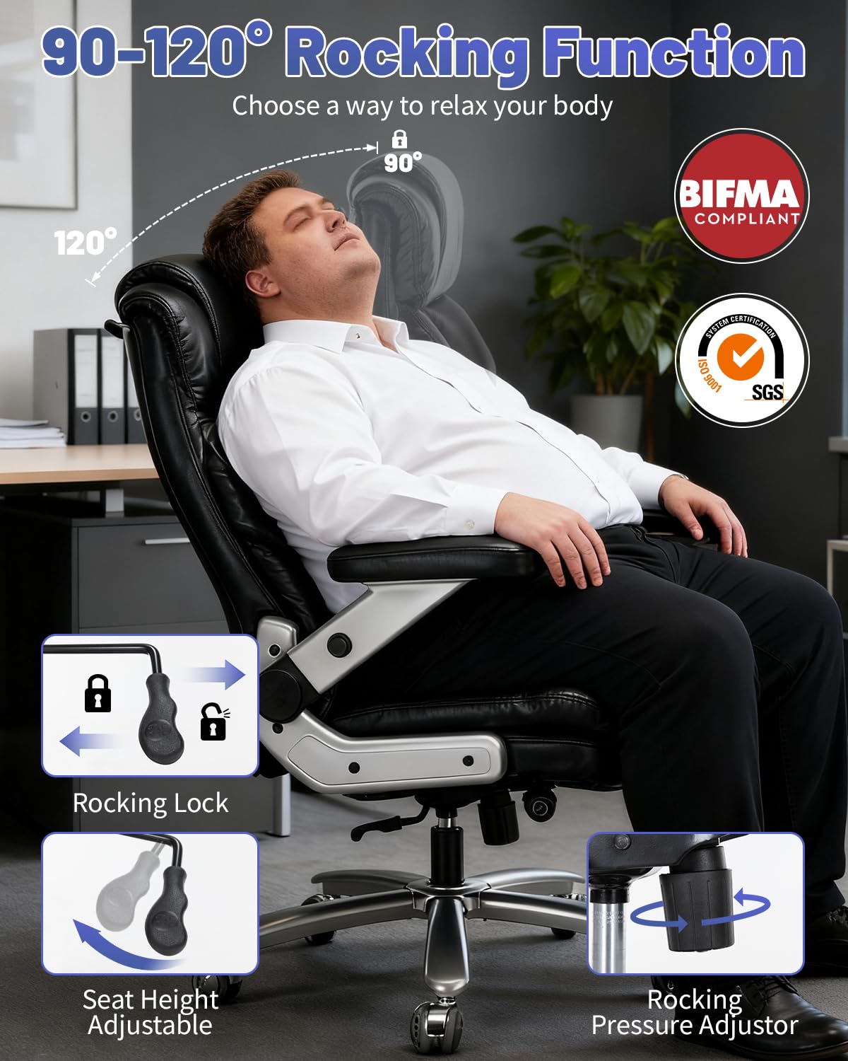 800LBS Big and Tall Office Chair for Heavy People, Heavy Duty Executive Chair with High Back, Extra Wide Seat and Adjustable Lumbar, Large Computer Desk Chair with 5D Flip Arms for Home Office