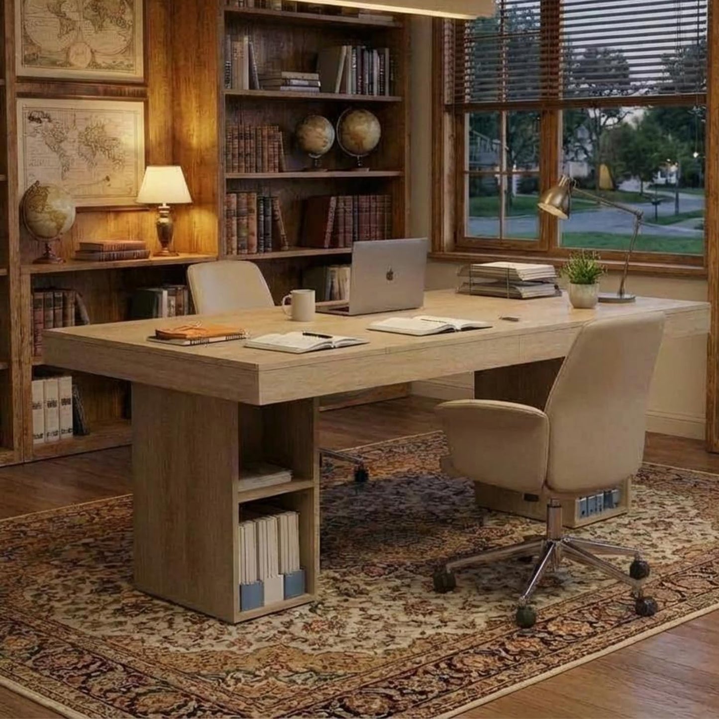 IDEALHOUSE 71” Executive Desk with Cabinet Storage, Farmhouse Home Office Desk, Wooden Computer Desk with Extra Thickened Tabletop & Metal Frame, for Work Study Writing, Oak