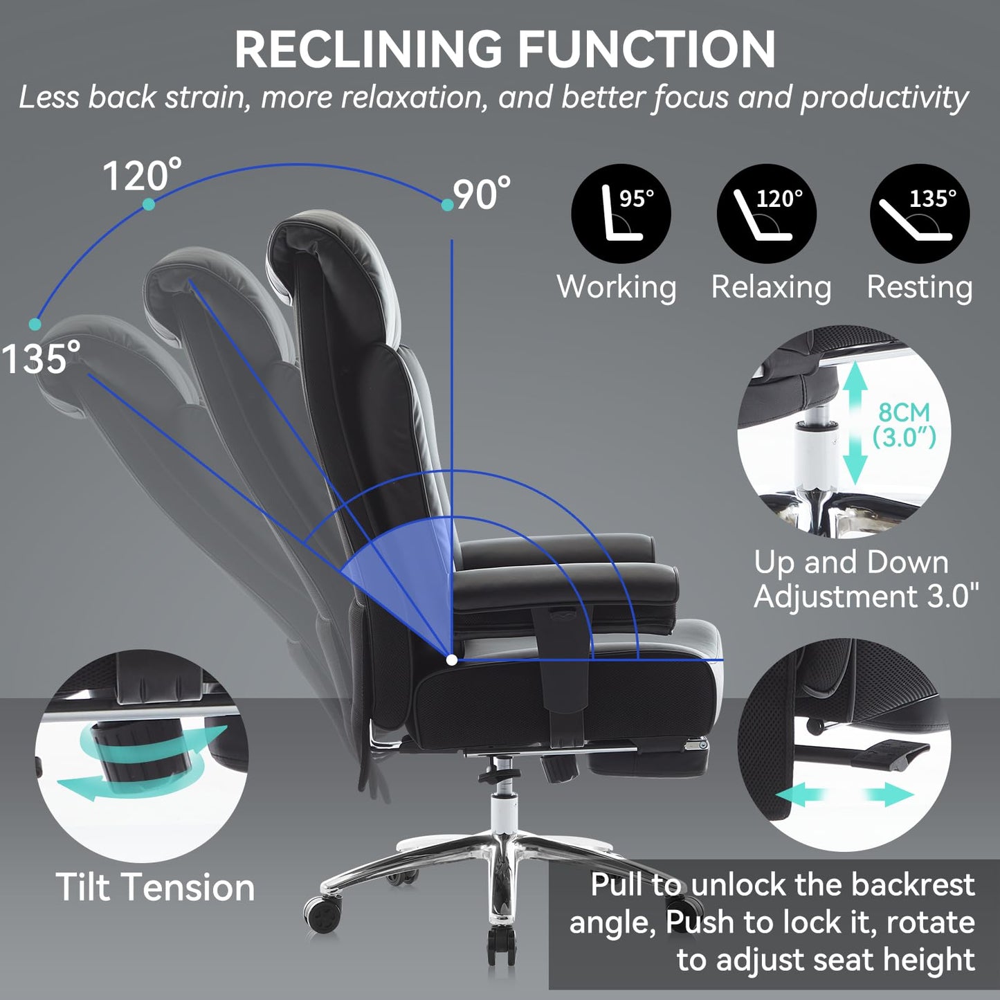 Efomao Big and Tall Office Chair with Footrest, 450lbs High Back Executive Chair with Spring Cushion, PU Leather Upholstery, Padded Armrests, Swivel Base, and Rolling Wheels – Black Computer Chair