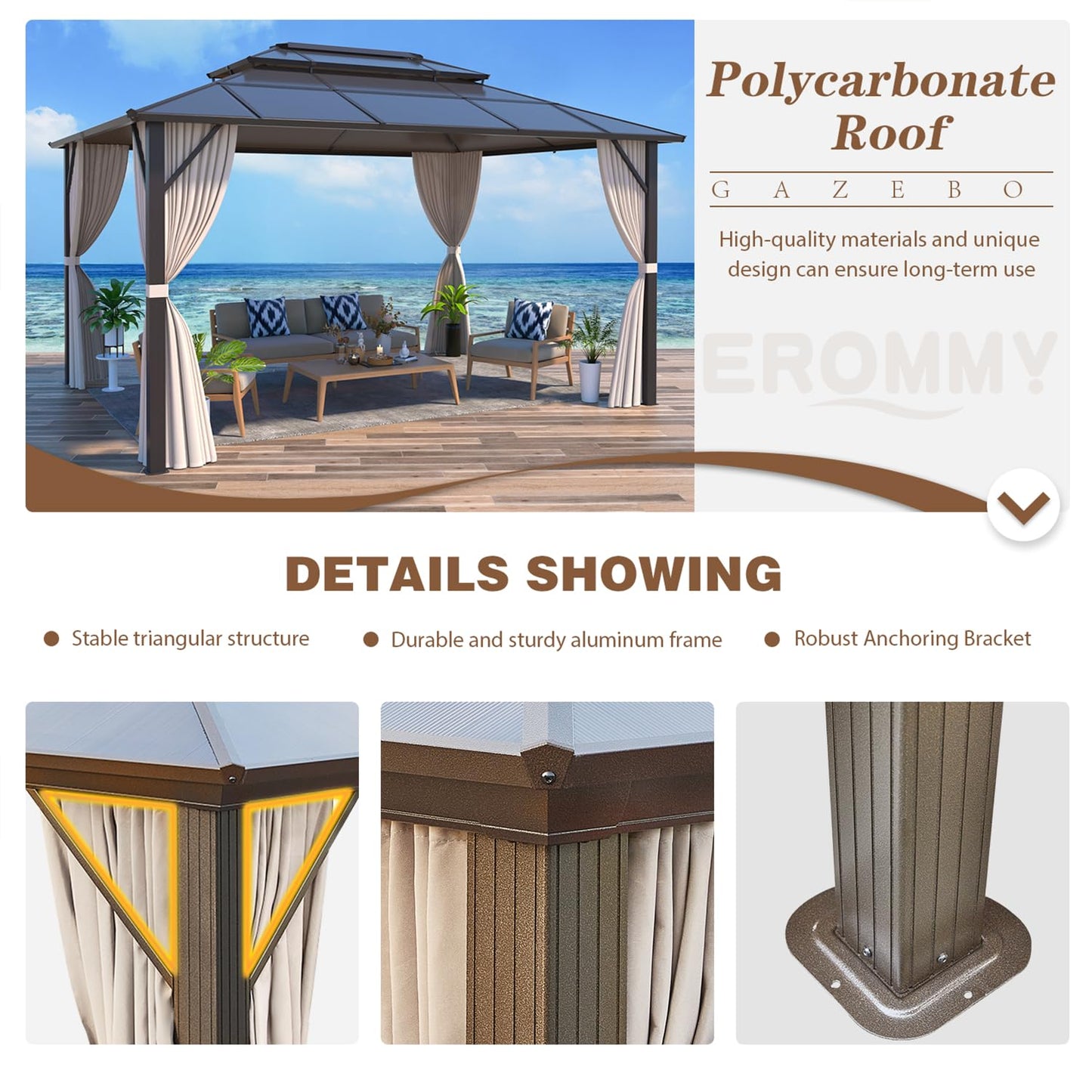 EROMMY 10' x 13' Gazebo Polycarbonate Double Roof Canopy Outdoor Aluminum Frame Pergola, Permanent Pavilion with Netting and Curtains for Garden Patio Lawns Parties