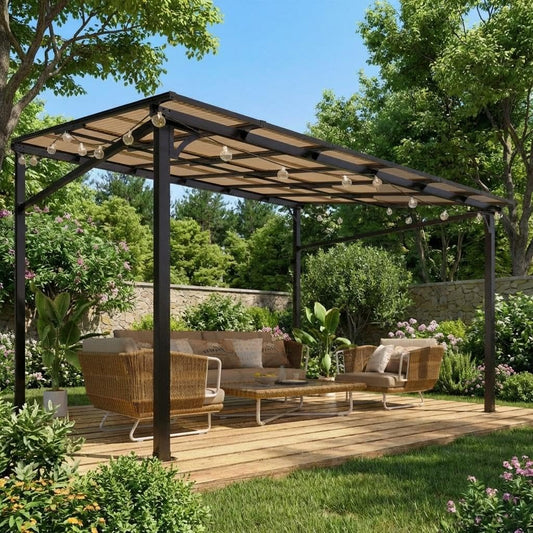 10x12ft Lean to Gazebo with Polycarbonate Hardtop Roof - Hardtop Wall Pergola, Aluminum Frame Wall Mounted Gazebo for Patio, Deck, Yard, Garden & Party Shade